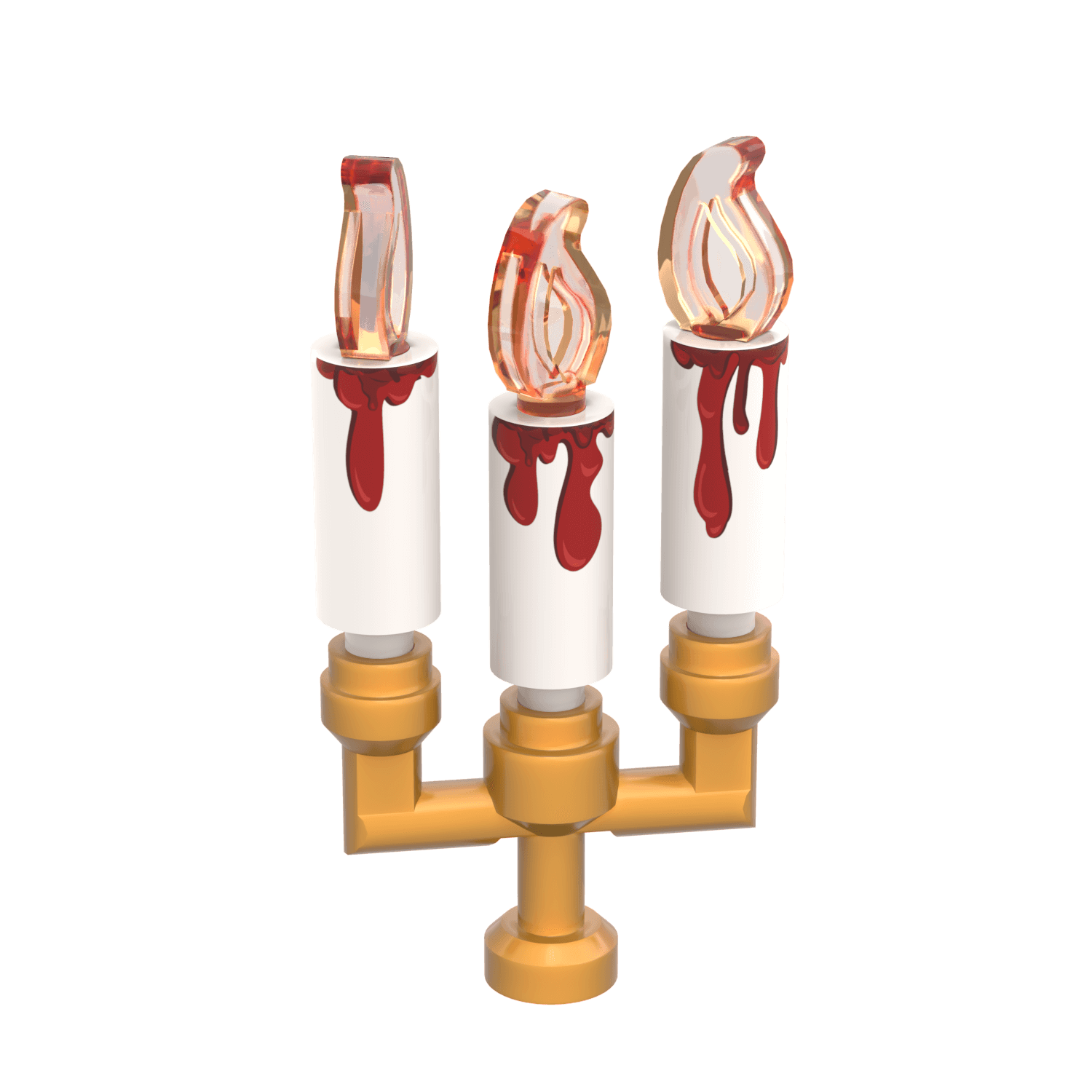 Three white candles with flames in a gold candelabra and red blood dripping down the candles made from lego on a black background