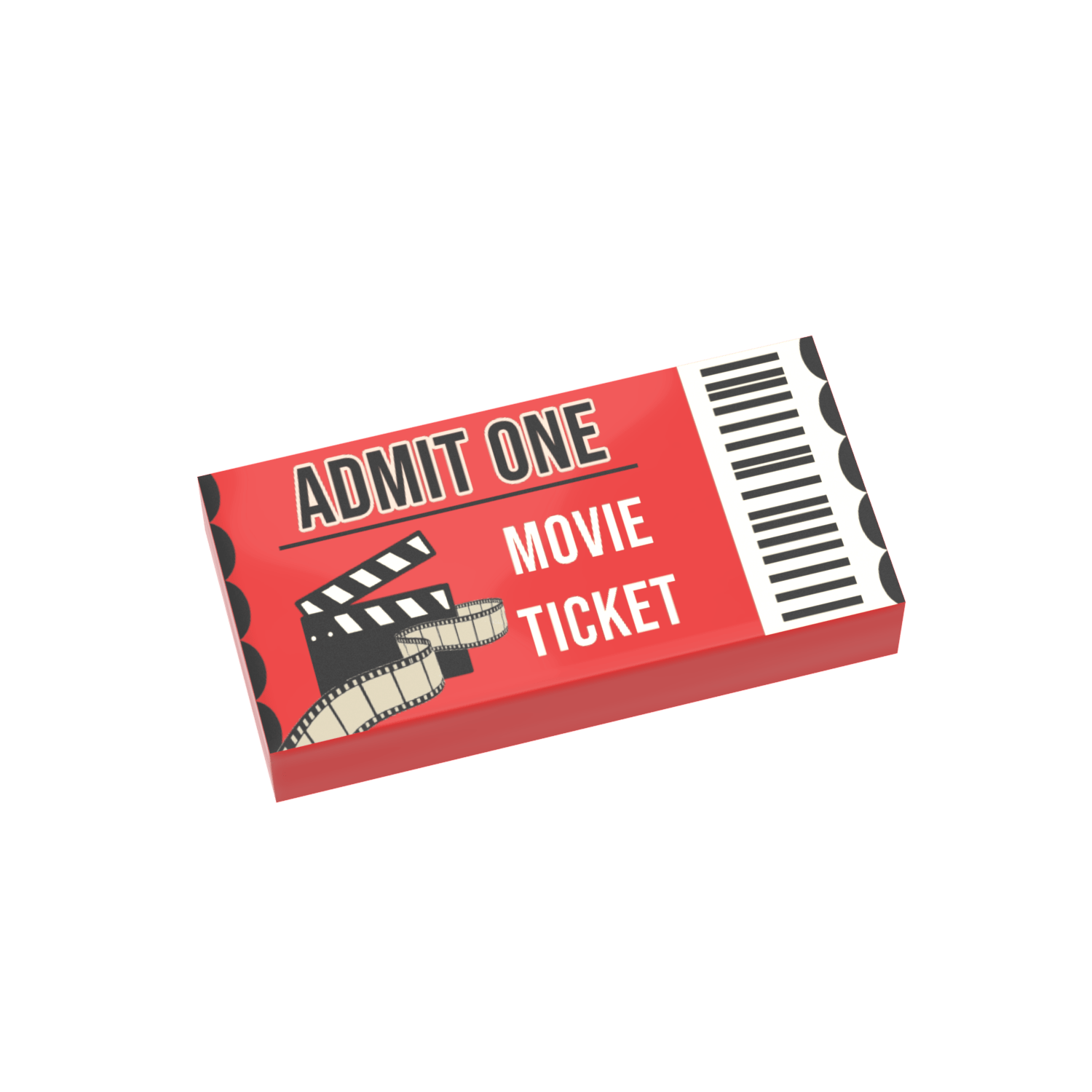 Movie ticket printed on a red LEGO tile, which says "Admit One" "movie Ticket" with a film strip drawing and barcode, on a white background.