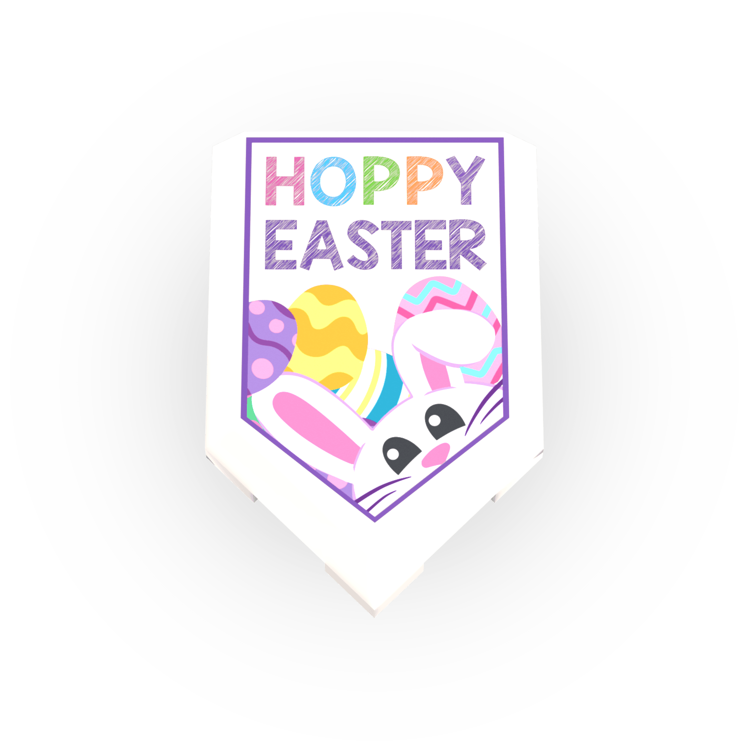Colorful 'Happy Easter' garden banner flag design with eggs and a chick custom printed on a LEGO tile on a white background.