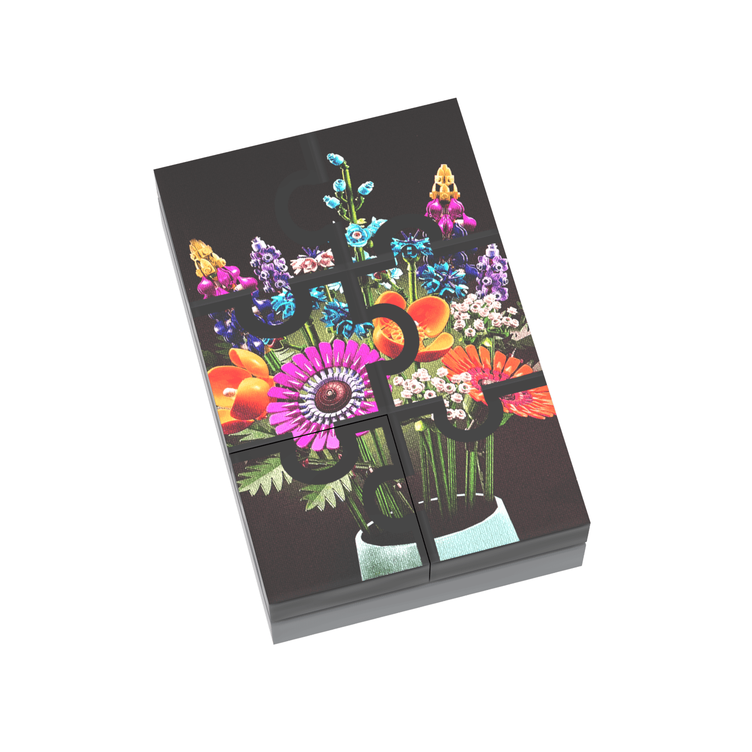 Flower Puzzle made from 6 LEGO pieces  on grey plate and white background