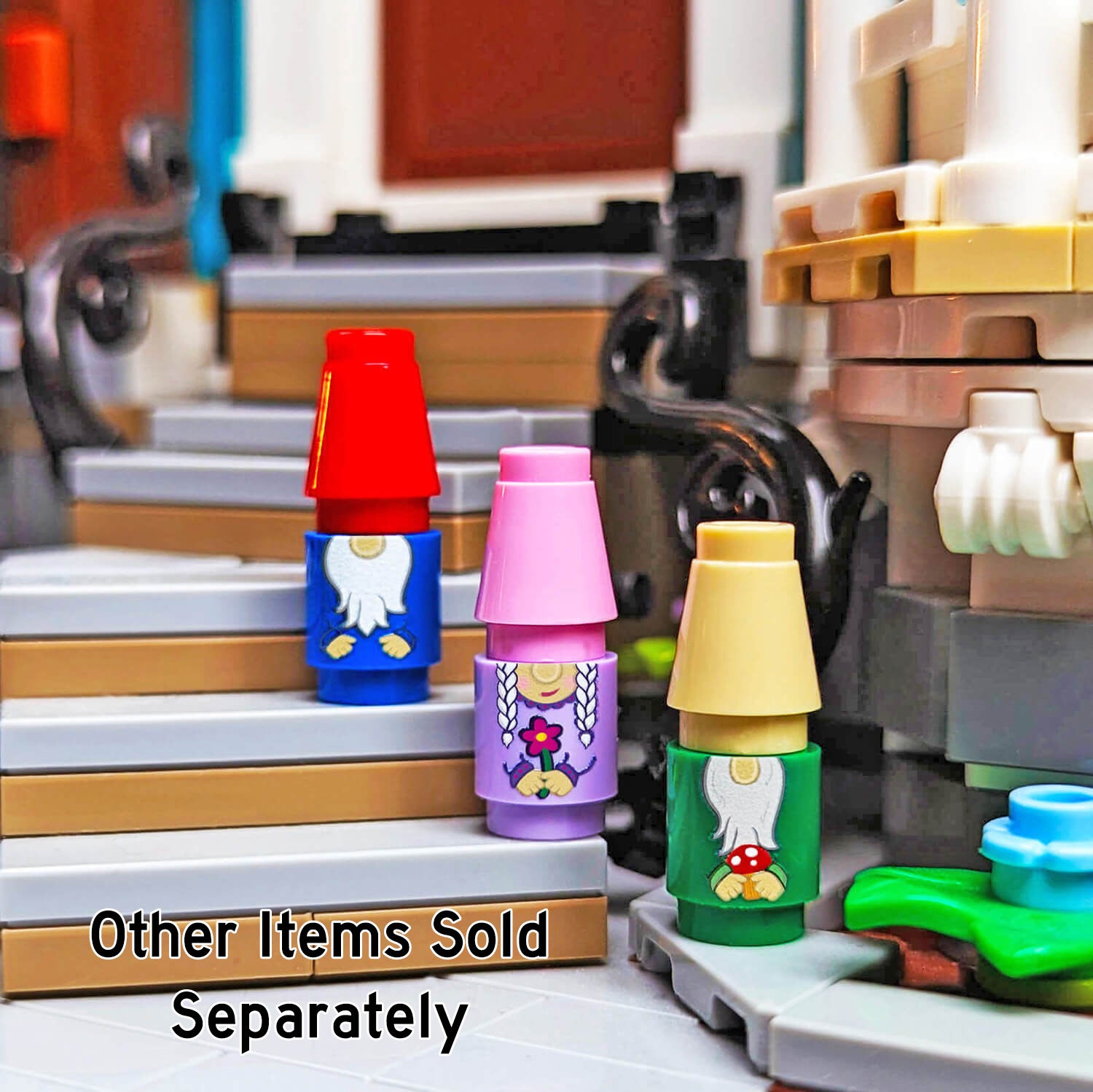Colorful garden gnomes made from LEGO parts placed on a staircase with a blurred background.
