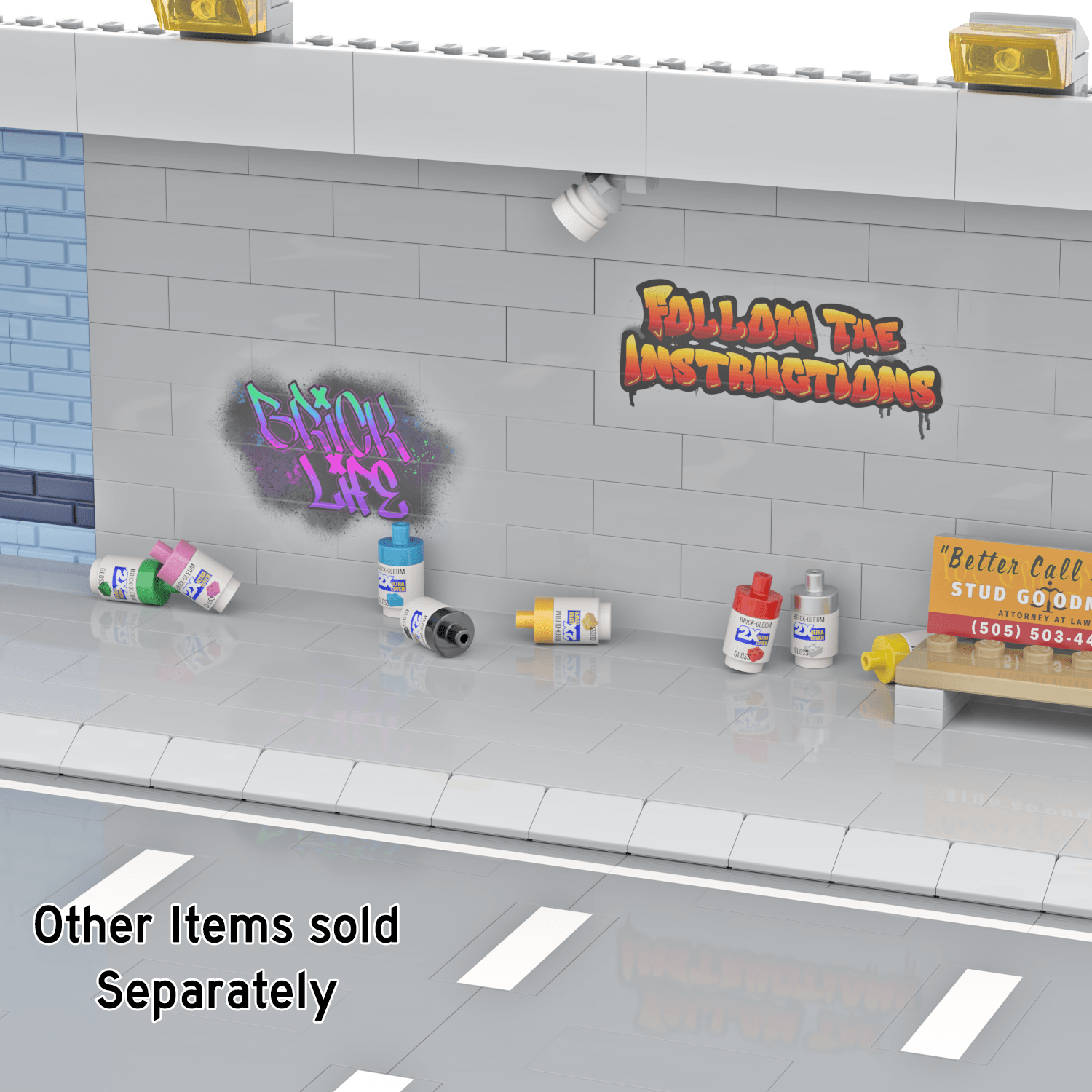 Lego Brick Built Urban setting with spray painted graffiti walls and bench with empty spray paint cans all different colors on the floor.
