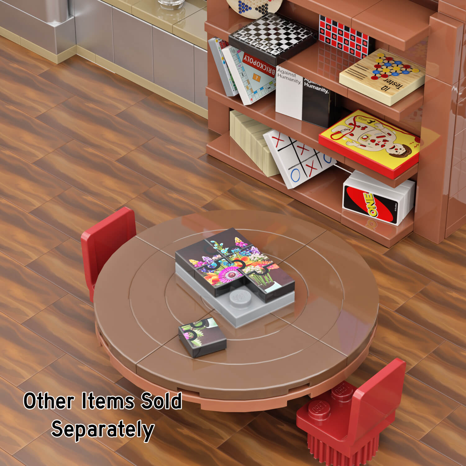 LEGO jigsaw puzzle on a brown circle table with other LEGO games in the background.