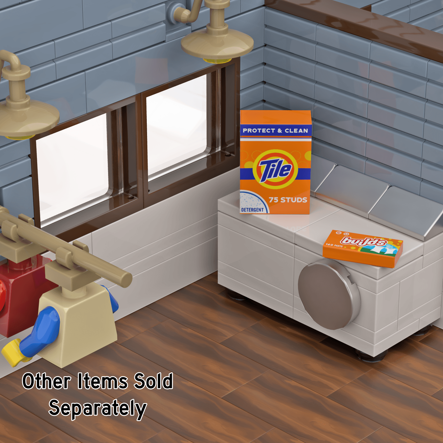 Tile laundry detergent, and builds dryer sheets sitting on a LEGO brick  built washing machine and dryer in a LEGO laundry room with blue walls and brown floor.