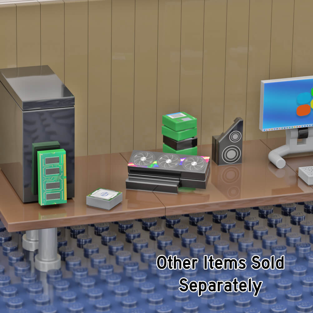 A LEGO brick built desk setup with a brown tabletop, a gray computer tower, green and black floppy disks, a black speaker, and a monitor, video card, RAM and processor beige paneled wall. Text at the bottom reads 'Other Items Sold Separately'.