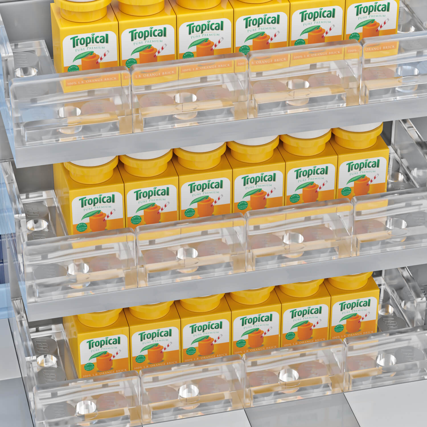 Lots of Lego orange juice containers on 3 LEGO fridge shelves in a grocery store