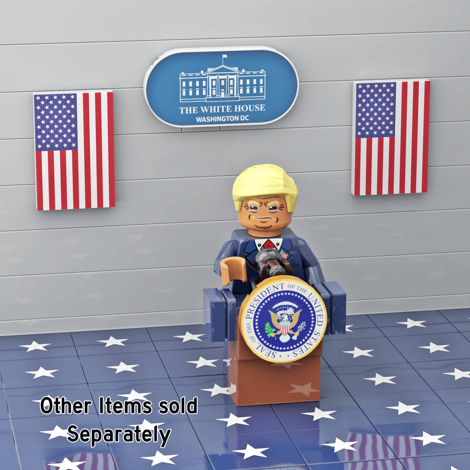 Lego custom minifig president Trump talking at the presidential podium building set by StudBee at a white house LEGO setting