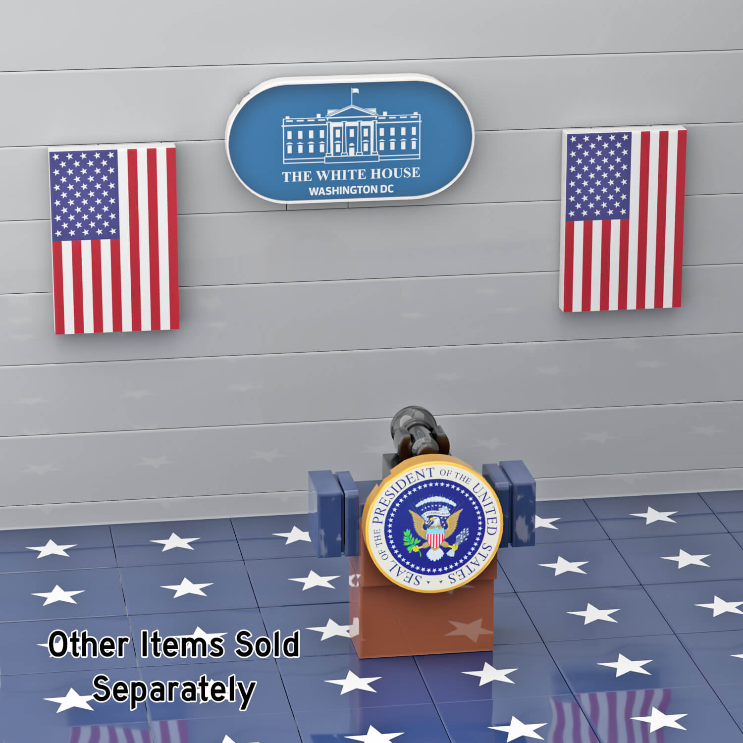 Custom LEGO brick built presidential podium, with blue white star carpet, hanging USA flags and white house sign custom designed by StudBee.