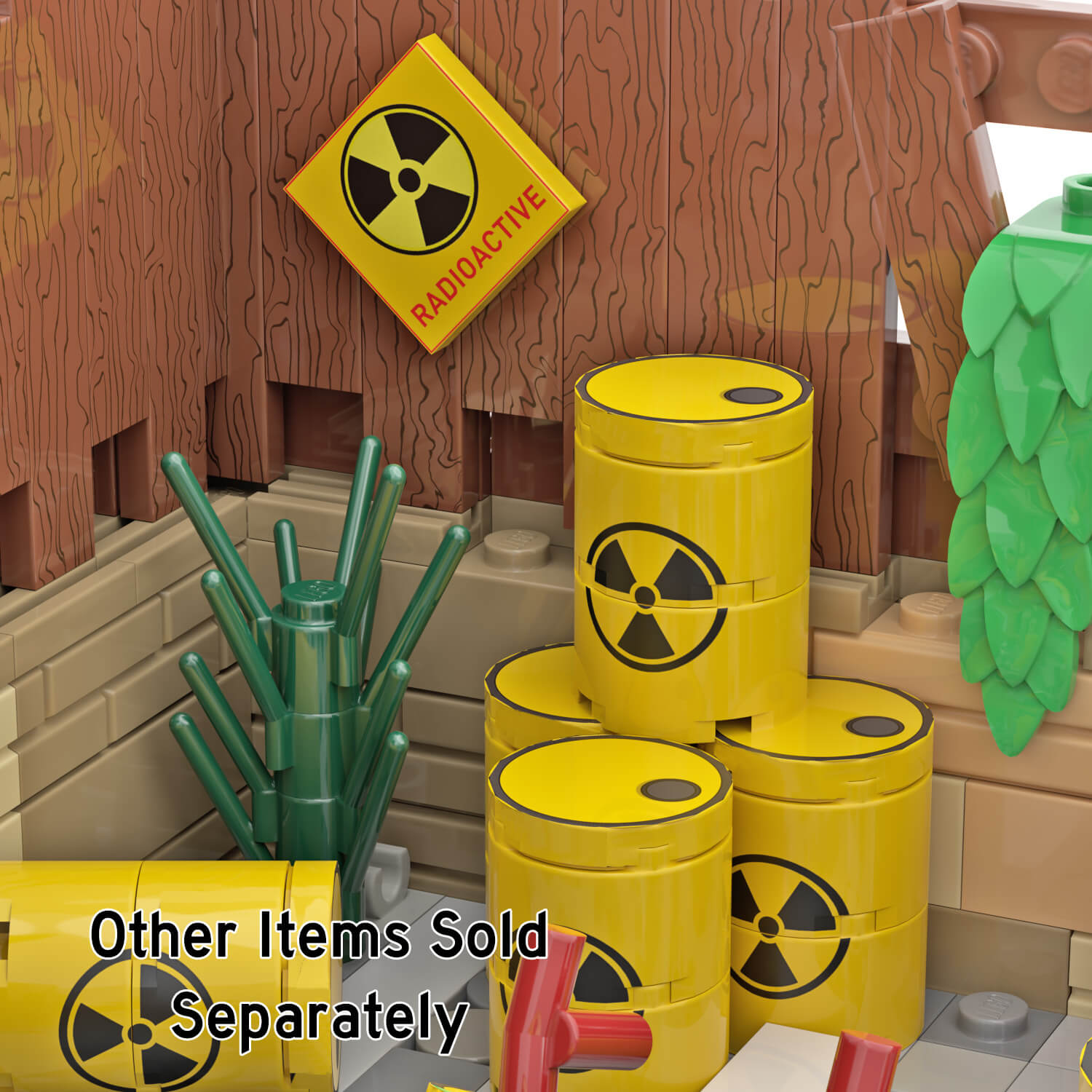 LEGO Industrial scene with yellow radioactive barrels with radioactive signs, green plants, a brown wood-textured wall, and a brick floor. Text at the bottom says 'Other Items Sold Separately'.