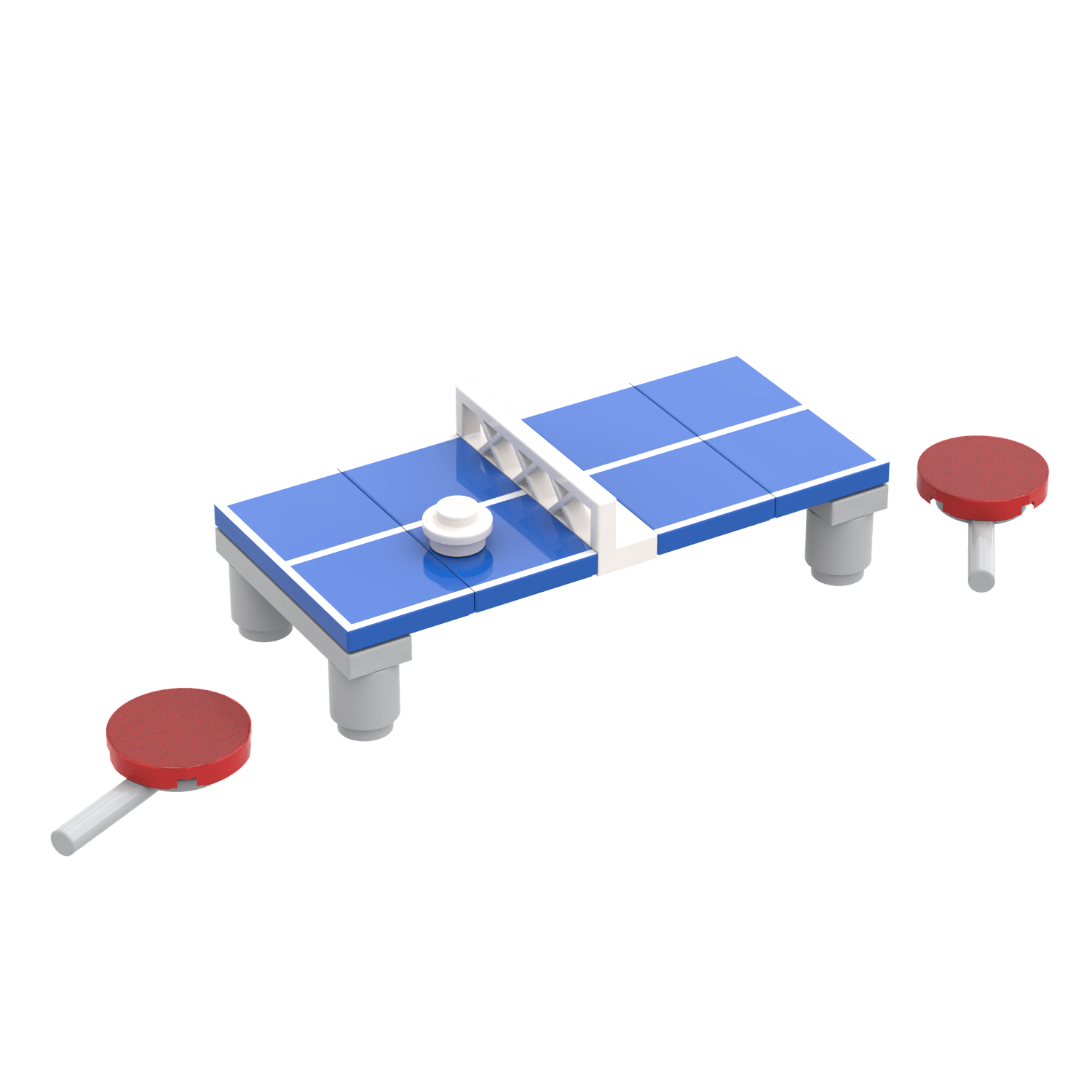 Blue and white LEGO ping pong table with red and white paddles