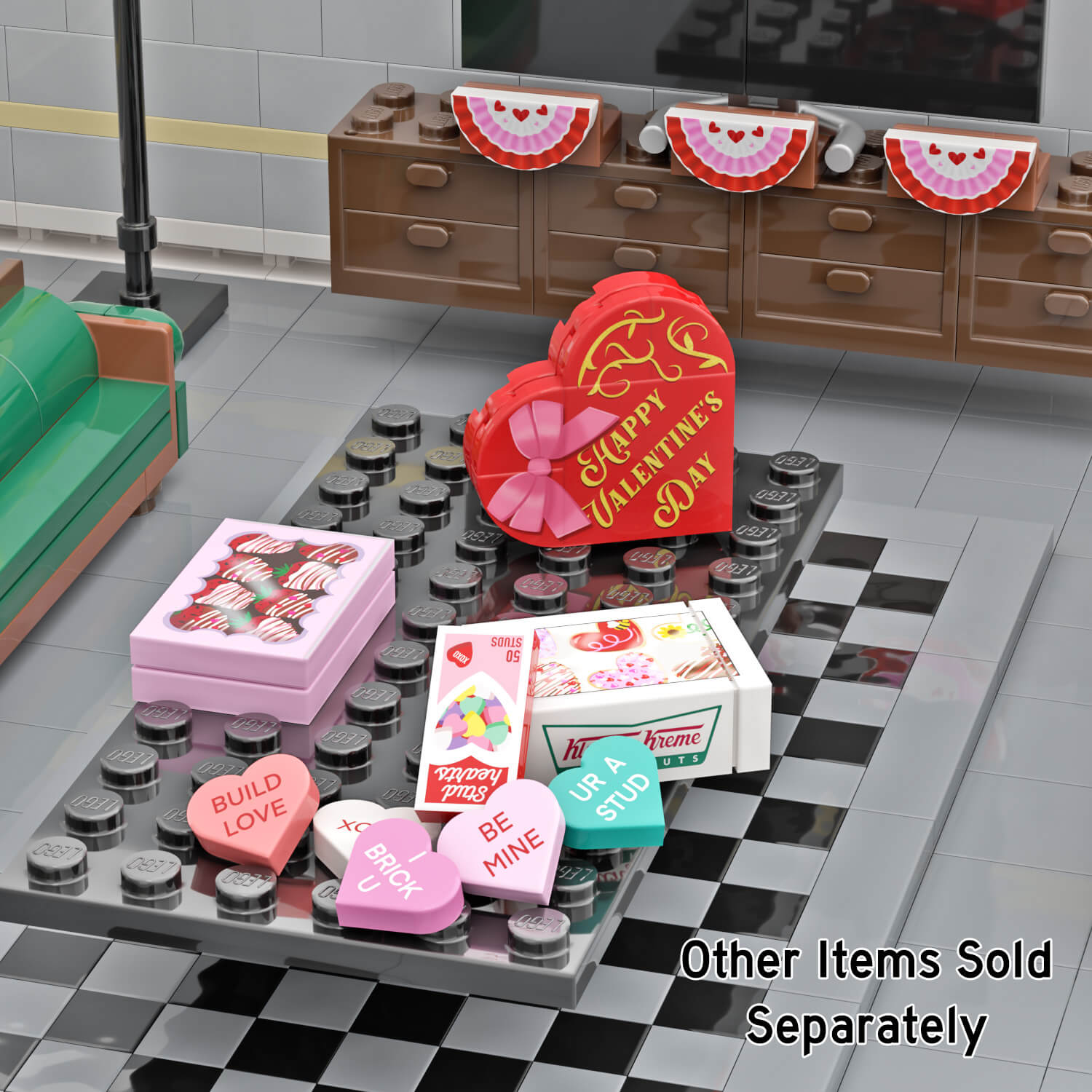 custom Lego valentines parts on a black table in a living room setup all brick built