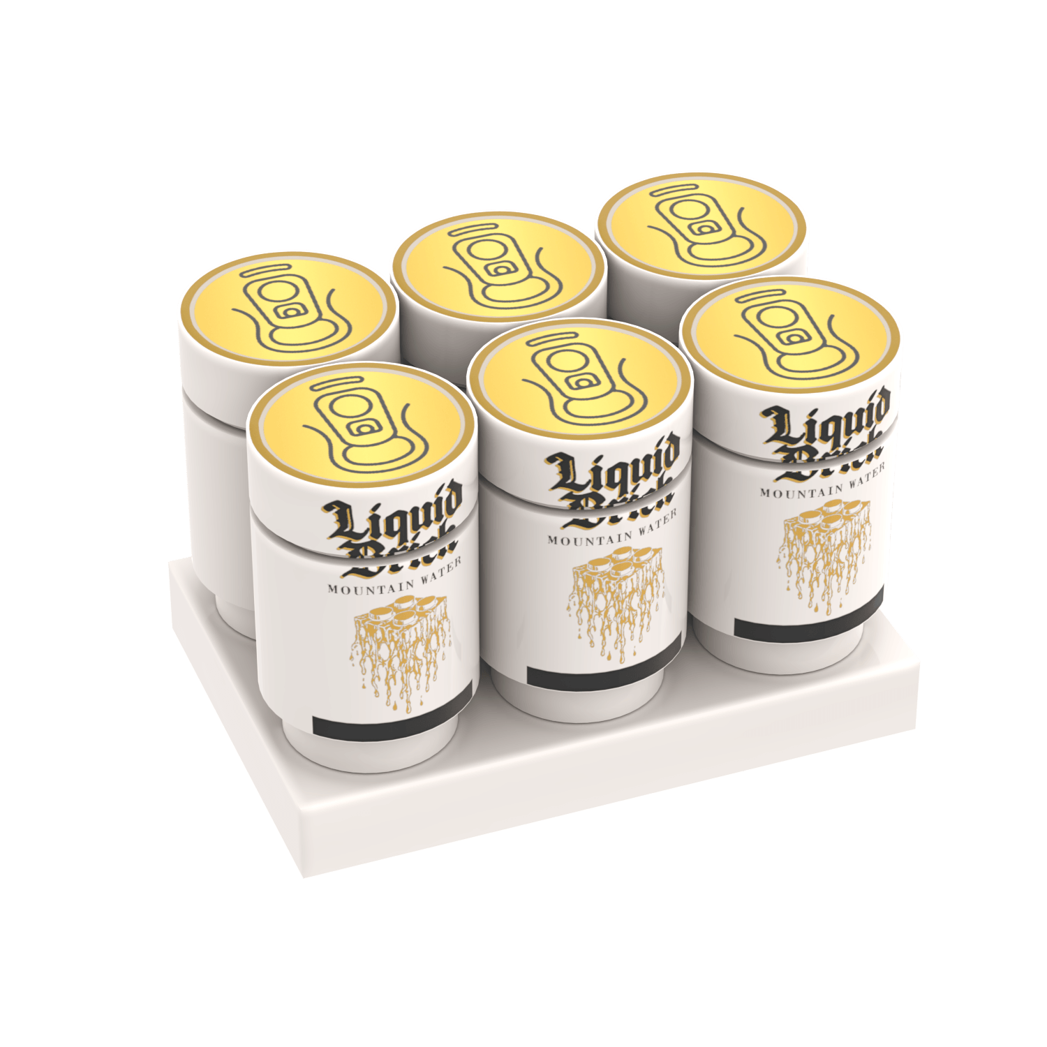 Six Liquid Brick Mountain water LEGO drink cans on a white LEGO plate on a white background