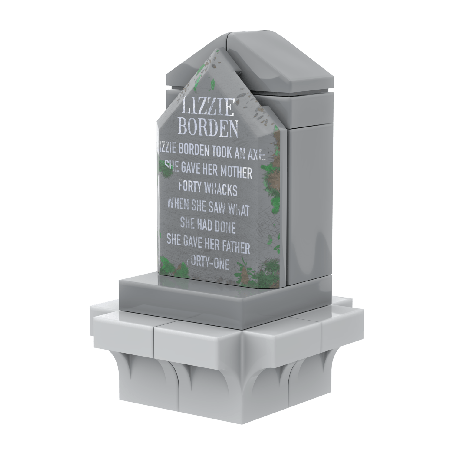 Angled dark gray and light gray gravestone with triangular headstone made from LEGO on a white background.