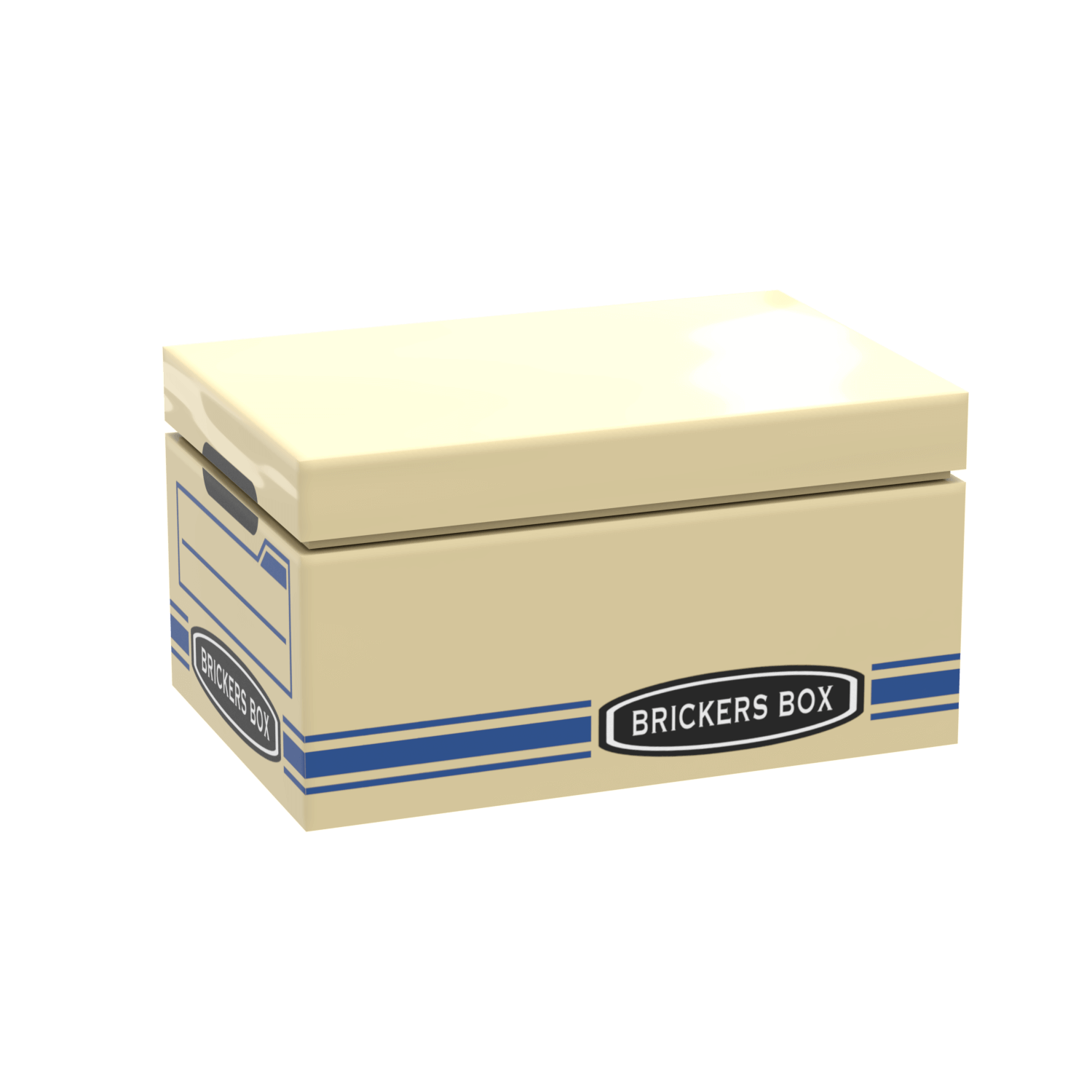 Beige storage box with blue stripes and 'Brickers Box' label printed on lego a white background