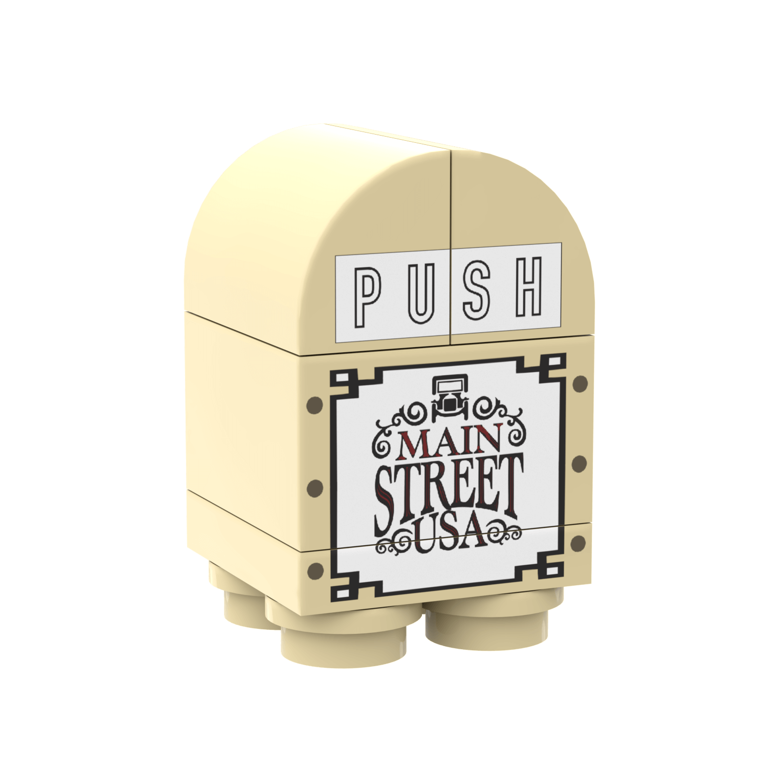 A beige, minifig-scale trash can with 'Main Street USA' and 'PUSH' printed on the sides, representing a theme park trash can.
