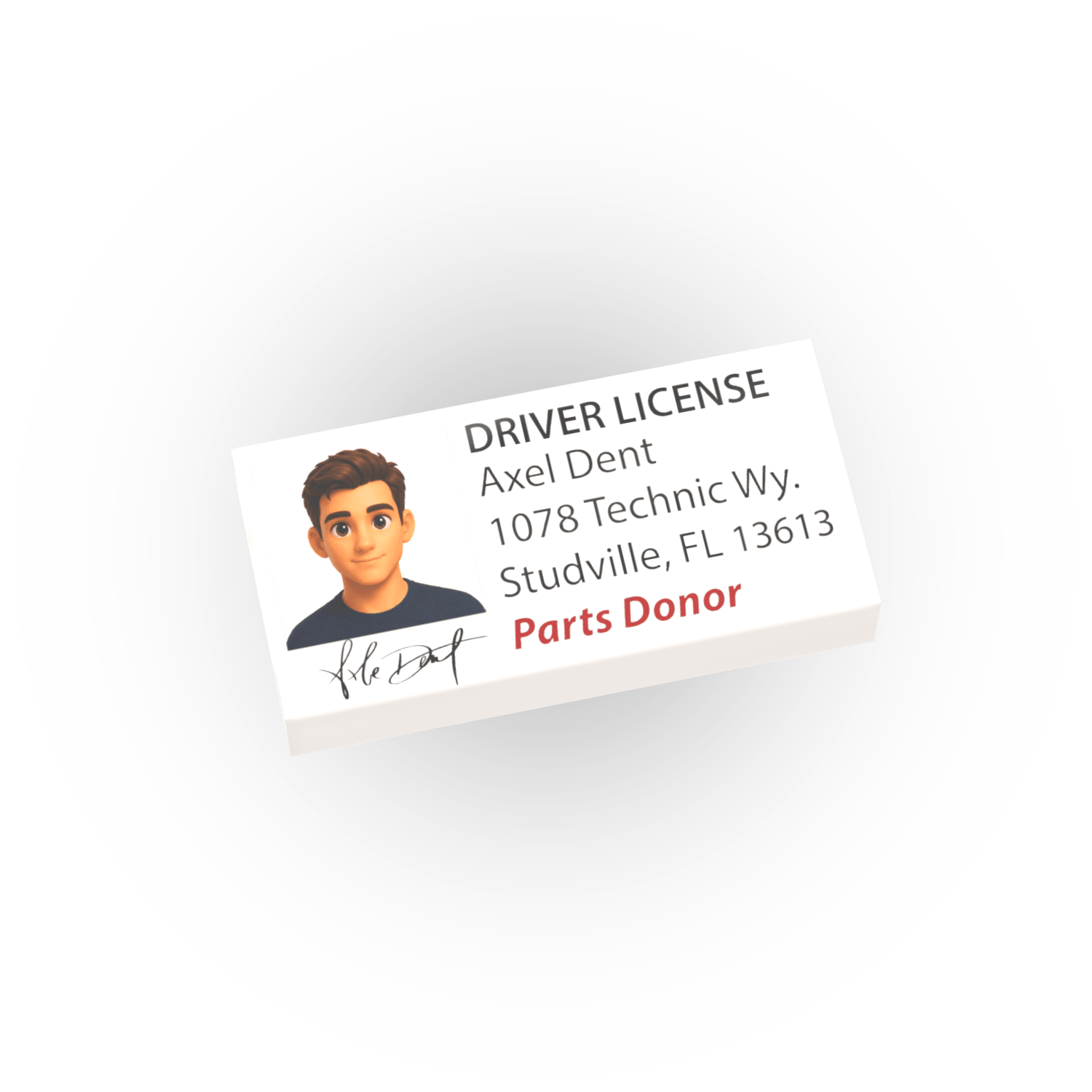 A printed driving license with a photo of a Male toy like figure and address, on a white background.