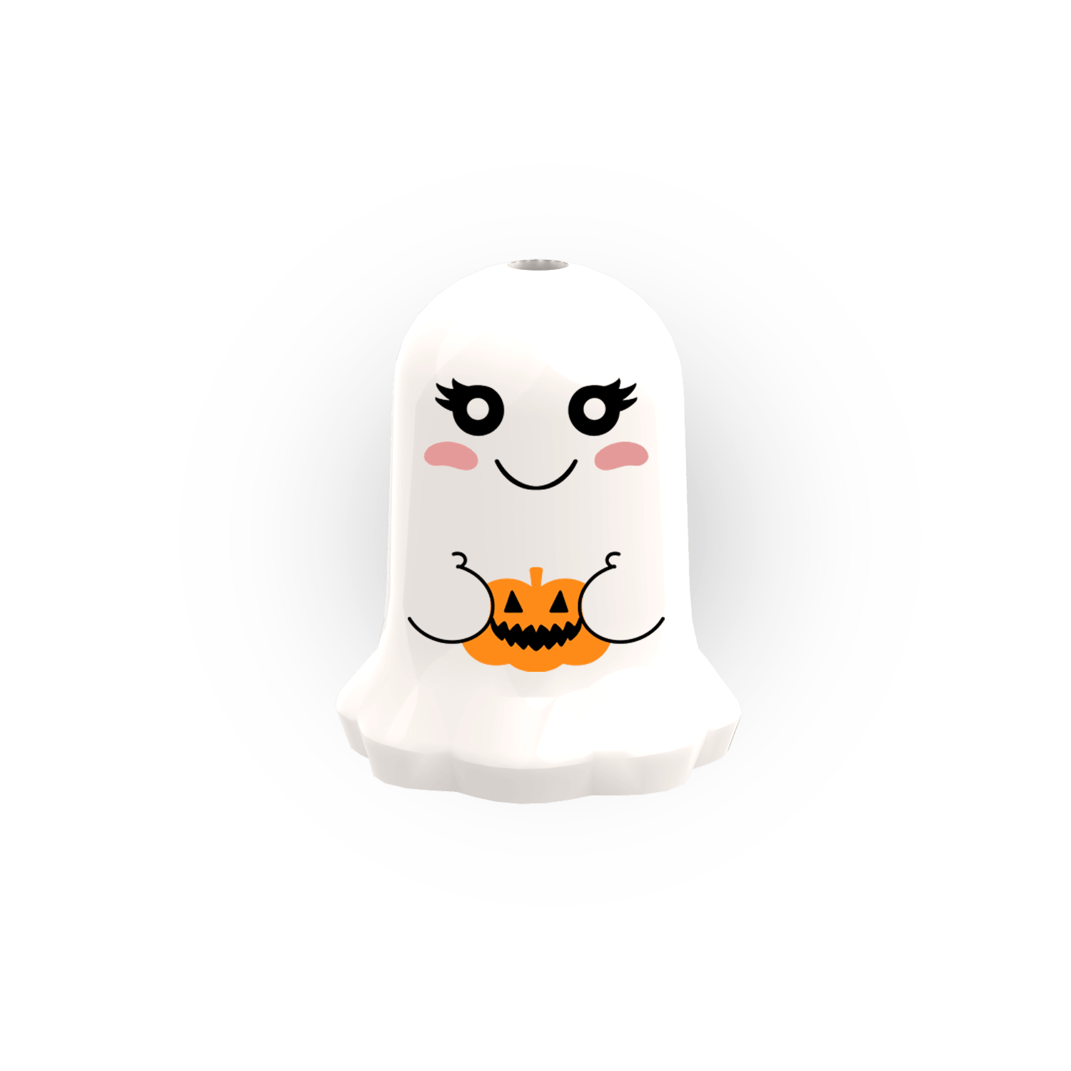 White minifig scale fall cute ghost holding a pumpkin, on a white background.