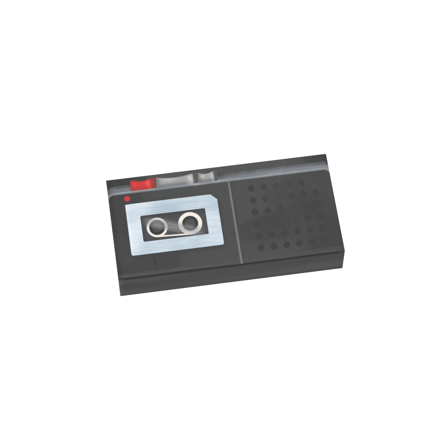 Minifig Scale Voice Recorder / Dictaphone with record button and tape printed on a black LEGO tile on a white background.