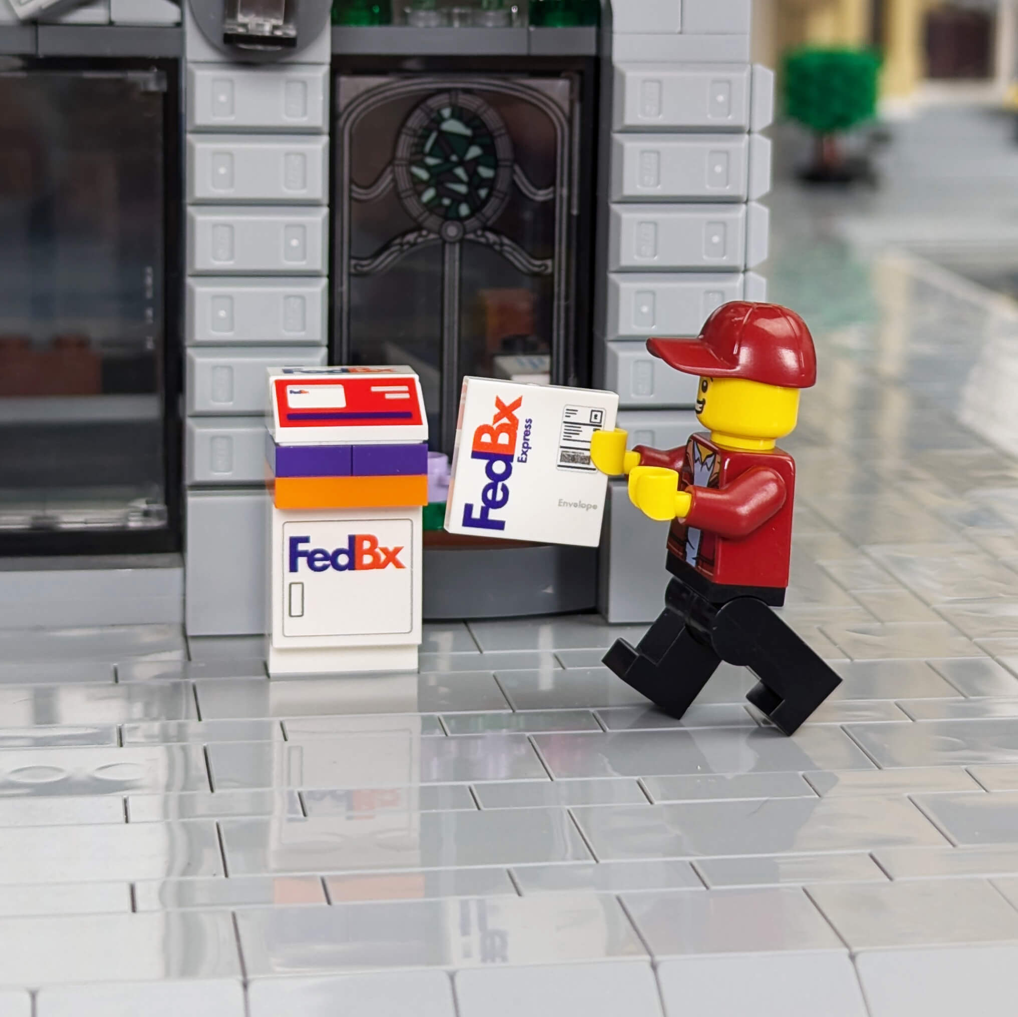 Minifig mailing their FedBx package in the LEGO town.