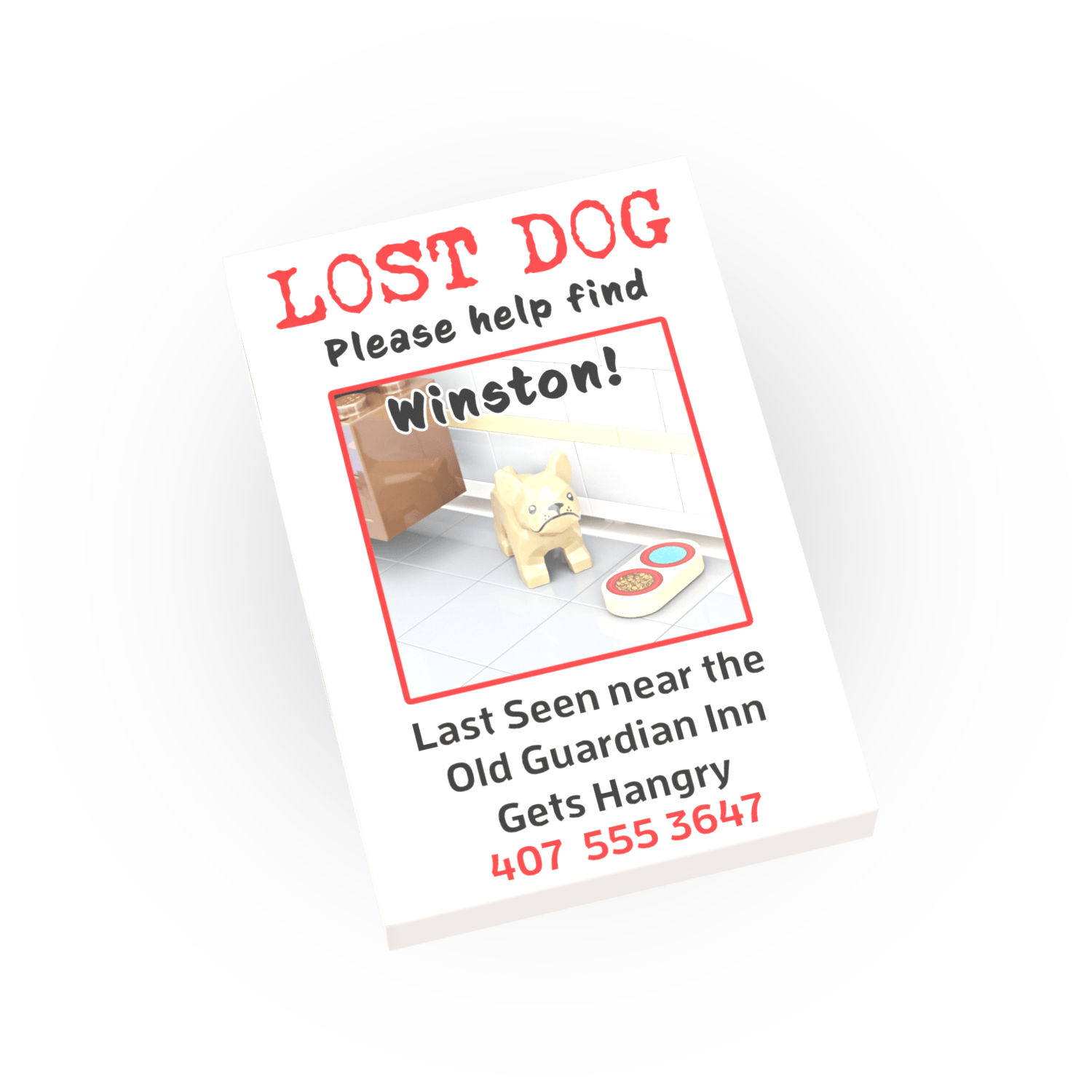 Lost dog poster with a picture of a dog named Winston printed on  LEGO tile on on a white background