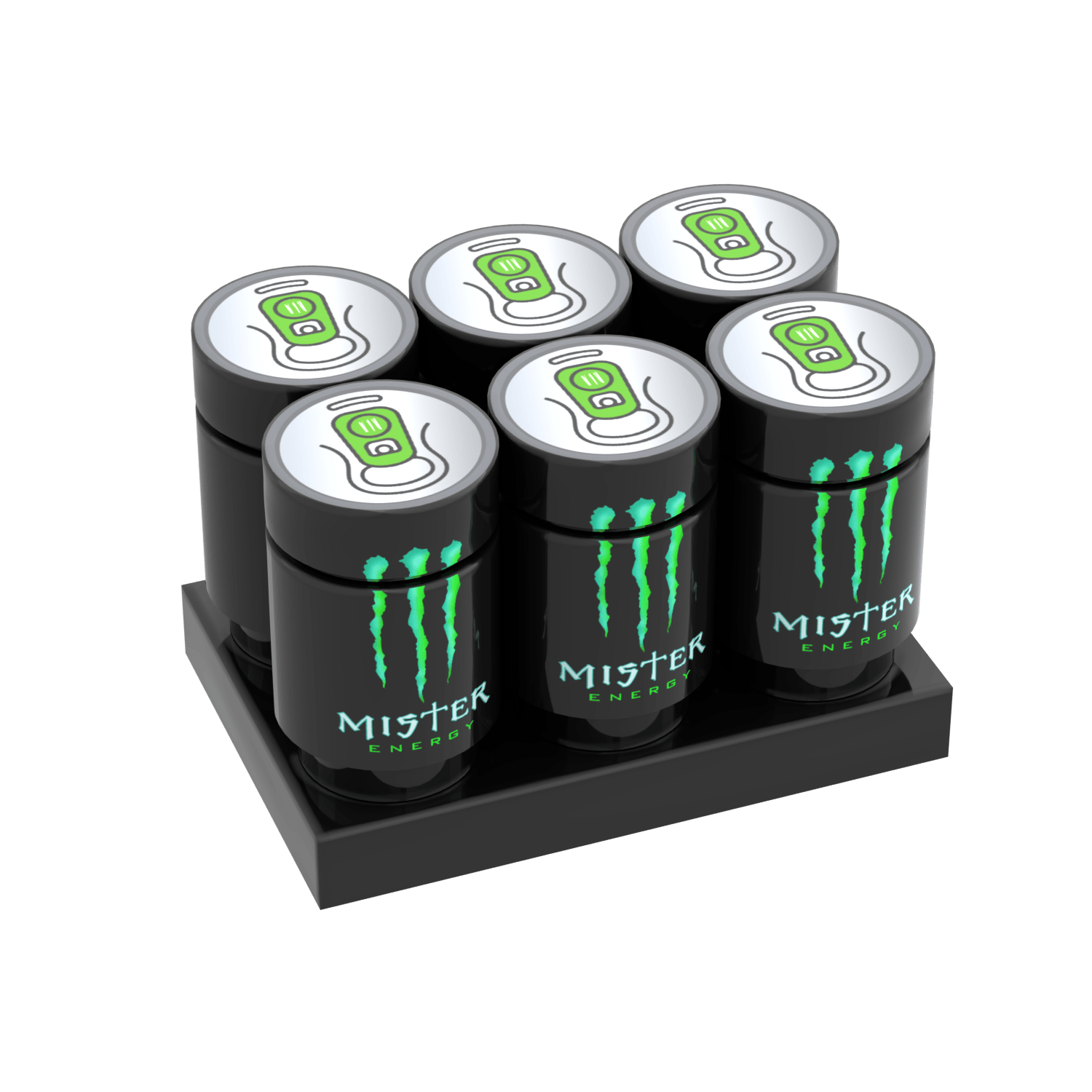 Six Mister Energy LEGO drink cans on a black LEGO plate on a white background