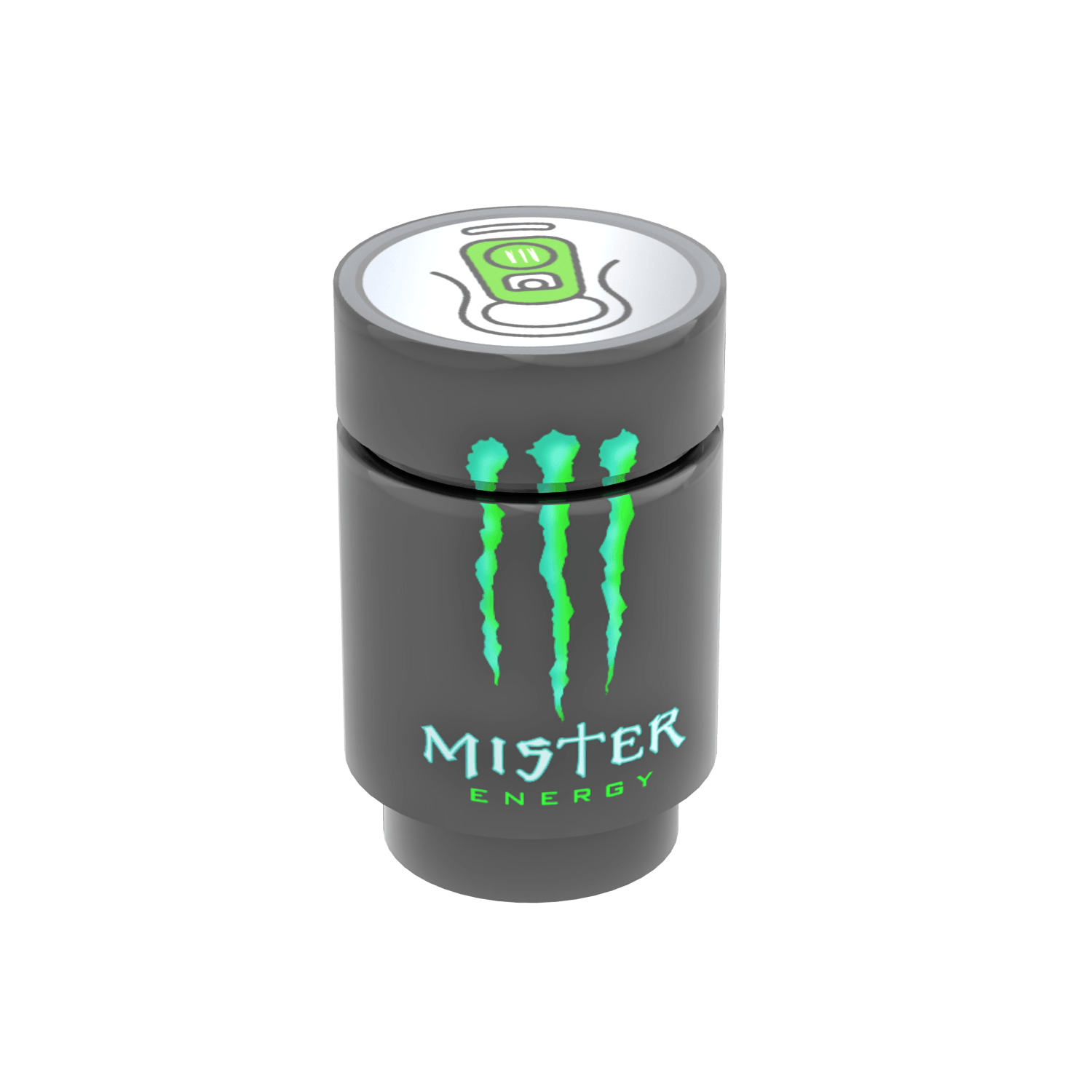 Mister Energy drink custom printed LEGO drink, black brick and tile on a white background
