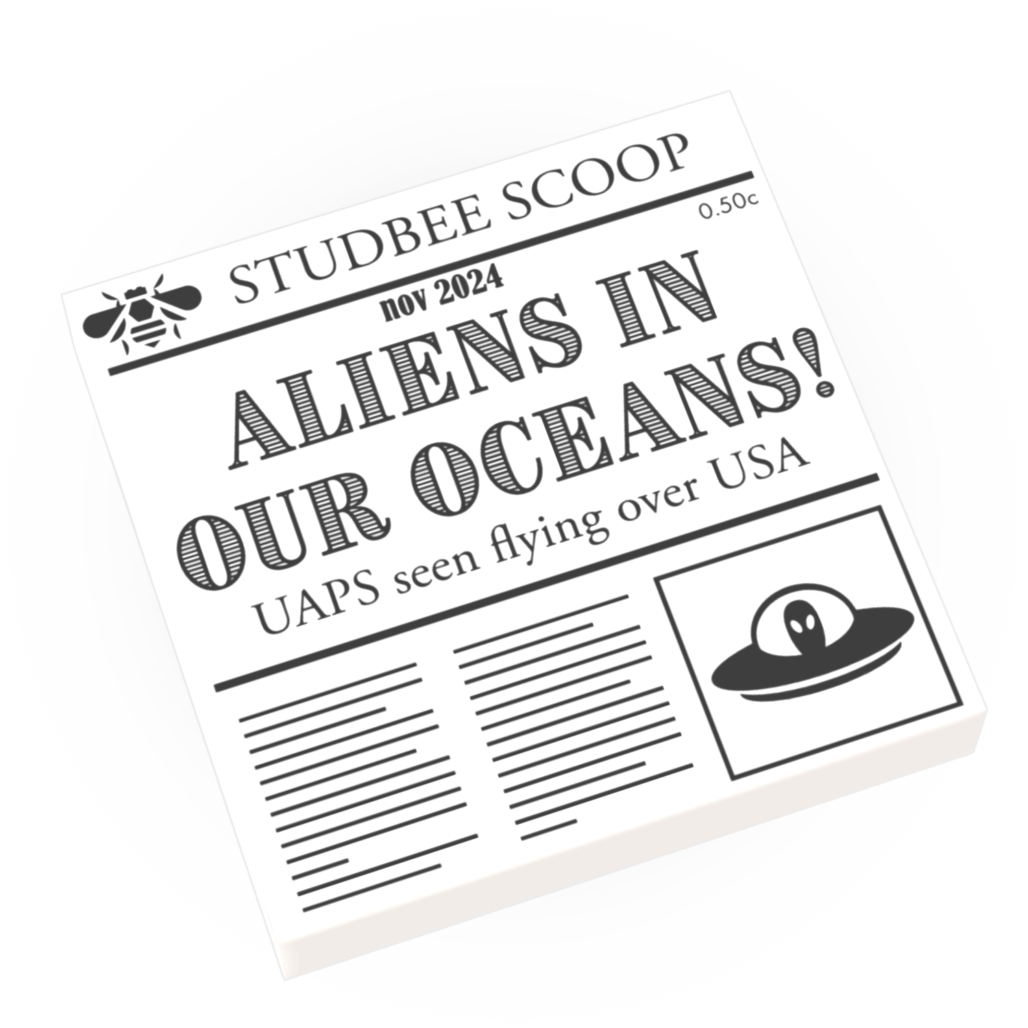 Printed LEGO Tile - Newspaper with headline 'Aliens in Our Oceans' on a white background