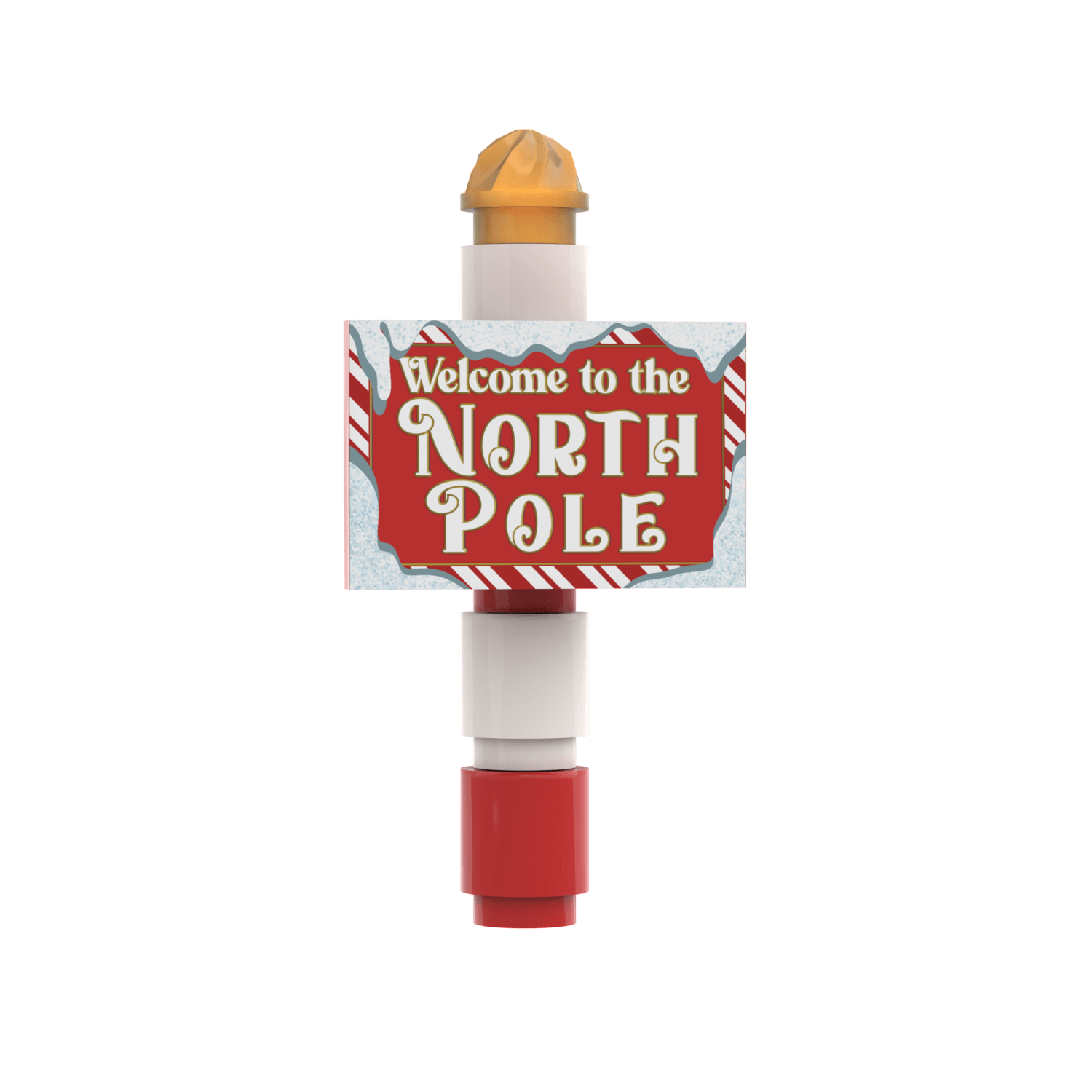 Decorative sign with 'Welcome to the North Pole' text on a candy cane striped pole.
