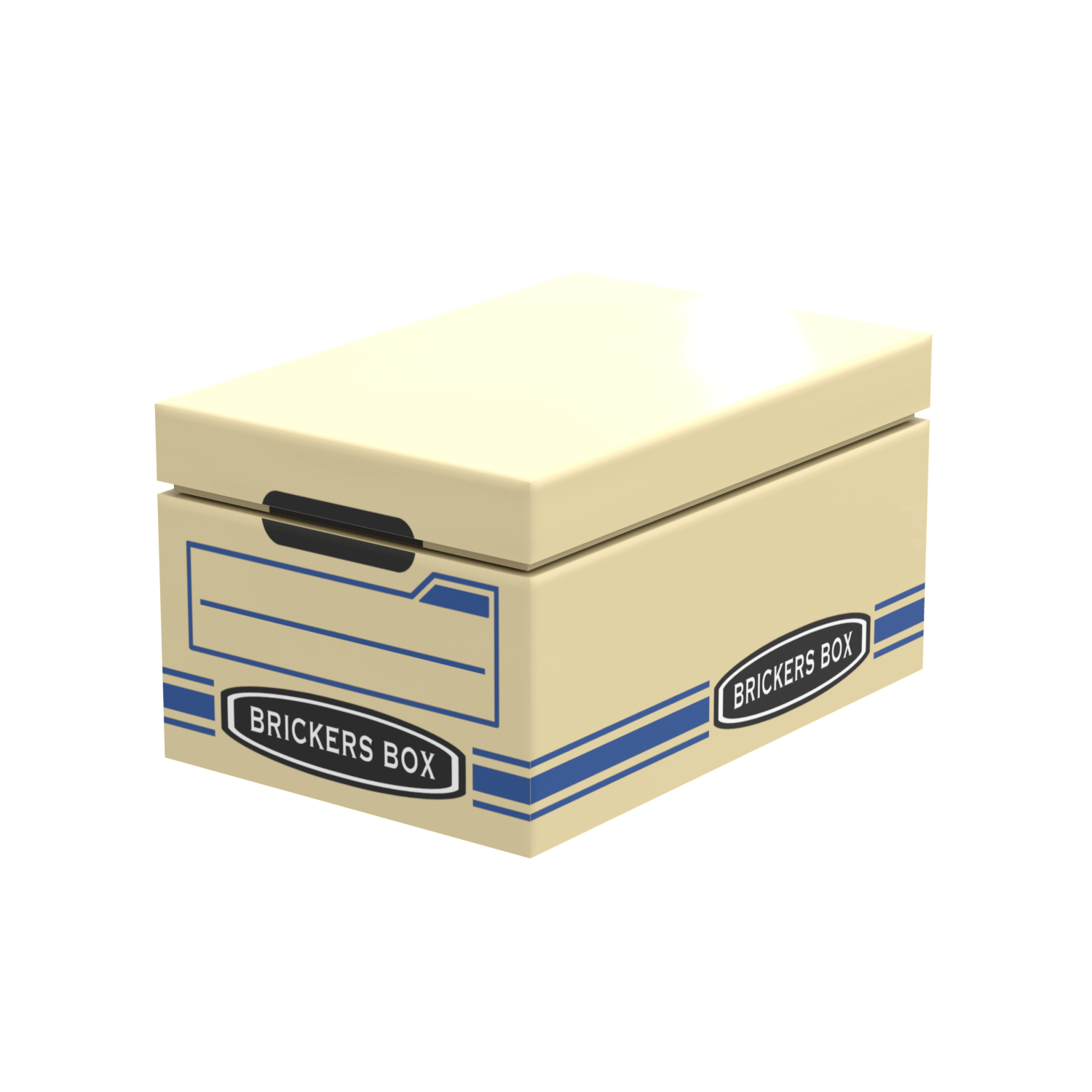 Beige storage box with blue accents and 'Brickers Box' branding custom lego on a white background