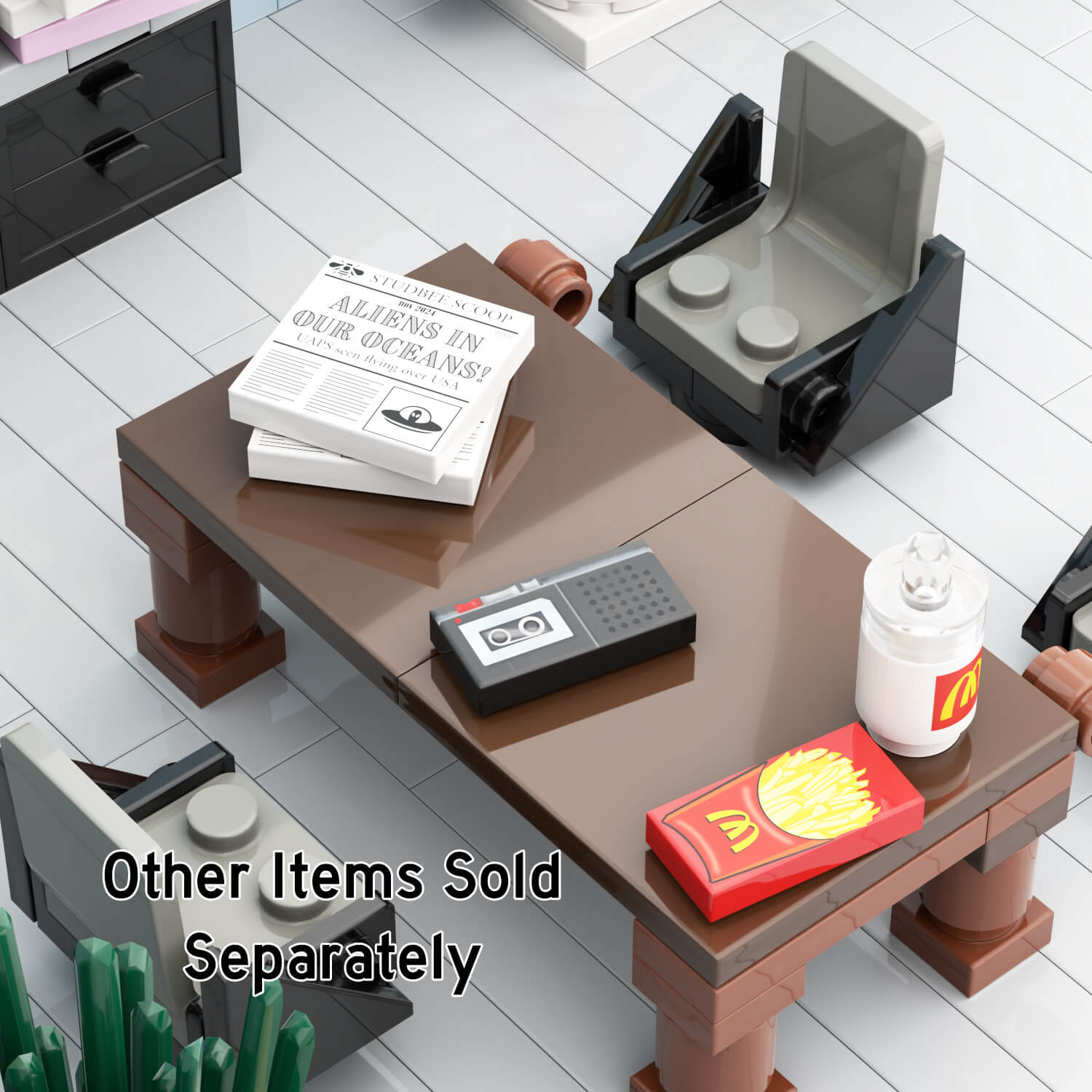 LEGO brick built scene of a office scene with newspapers, fries,  drink and voice recorder on a desk with grey and a brown table.