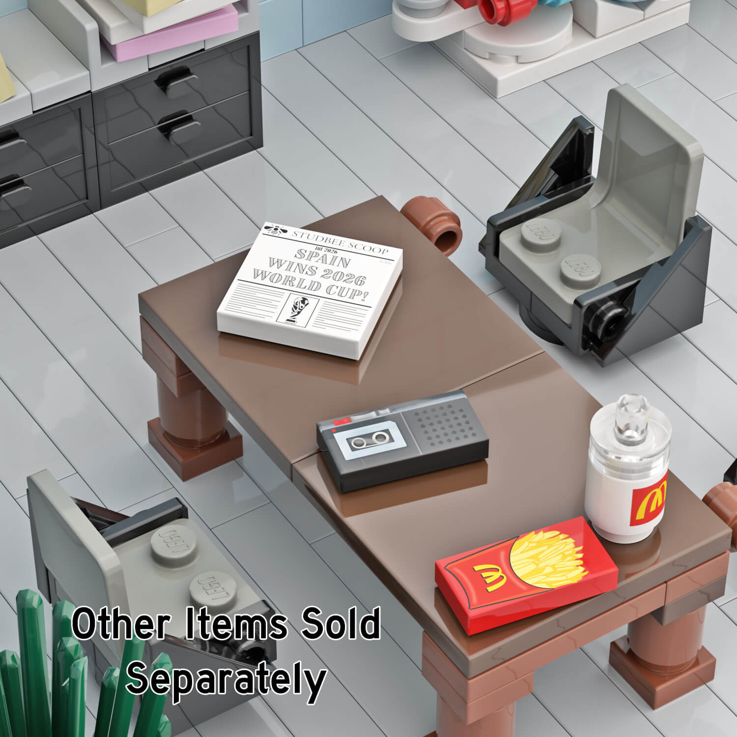 LEGO brick built scene of a office scene with desk and chairs with a voice recorder on the desk.