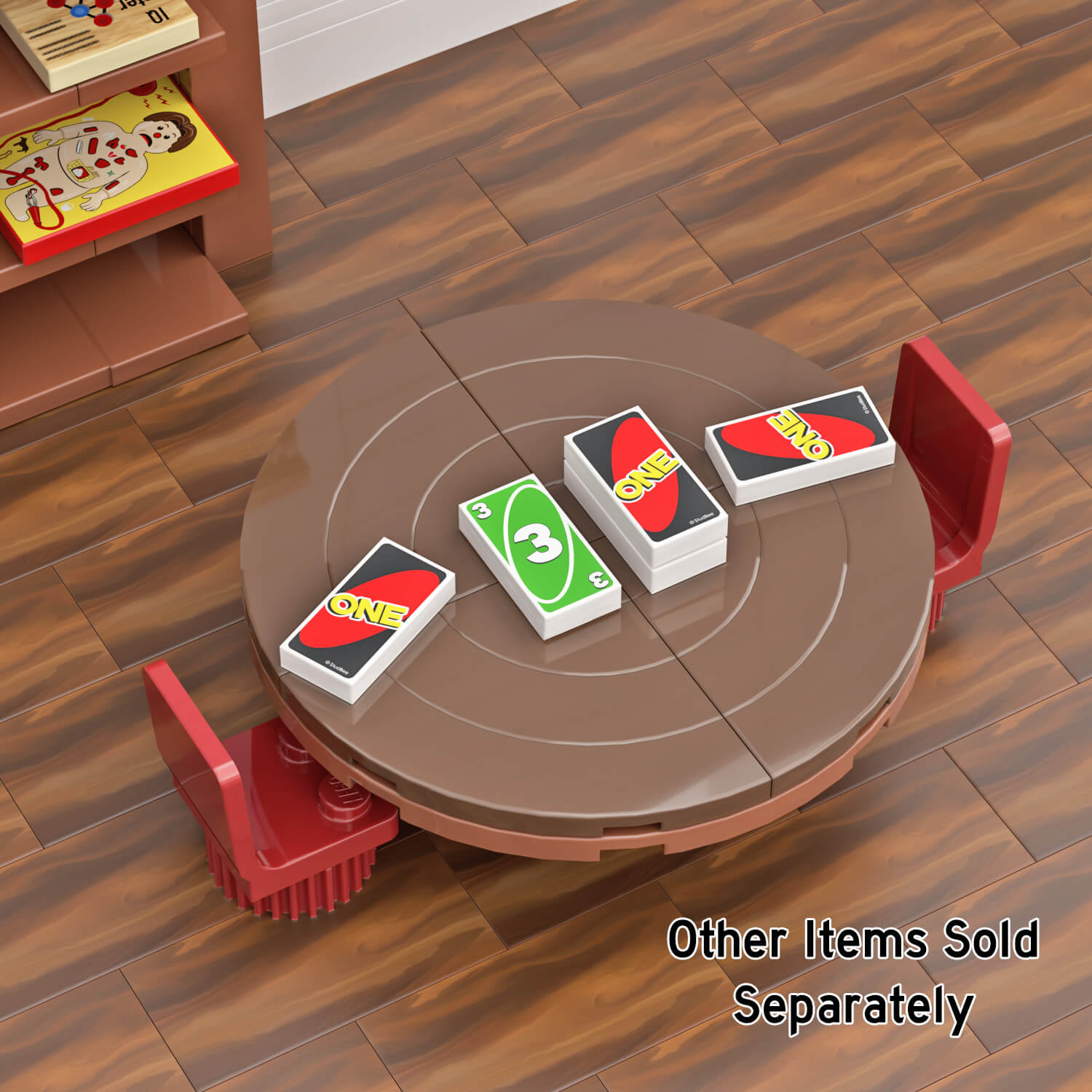 "One" card game made using LEGO on a brown round table with other games in the background in a LEGO dinning room setting