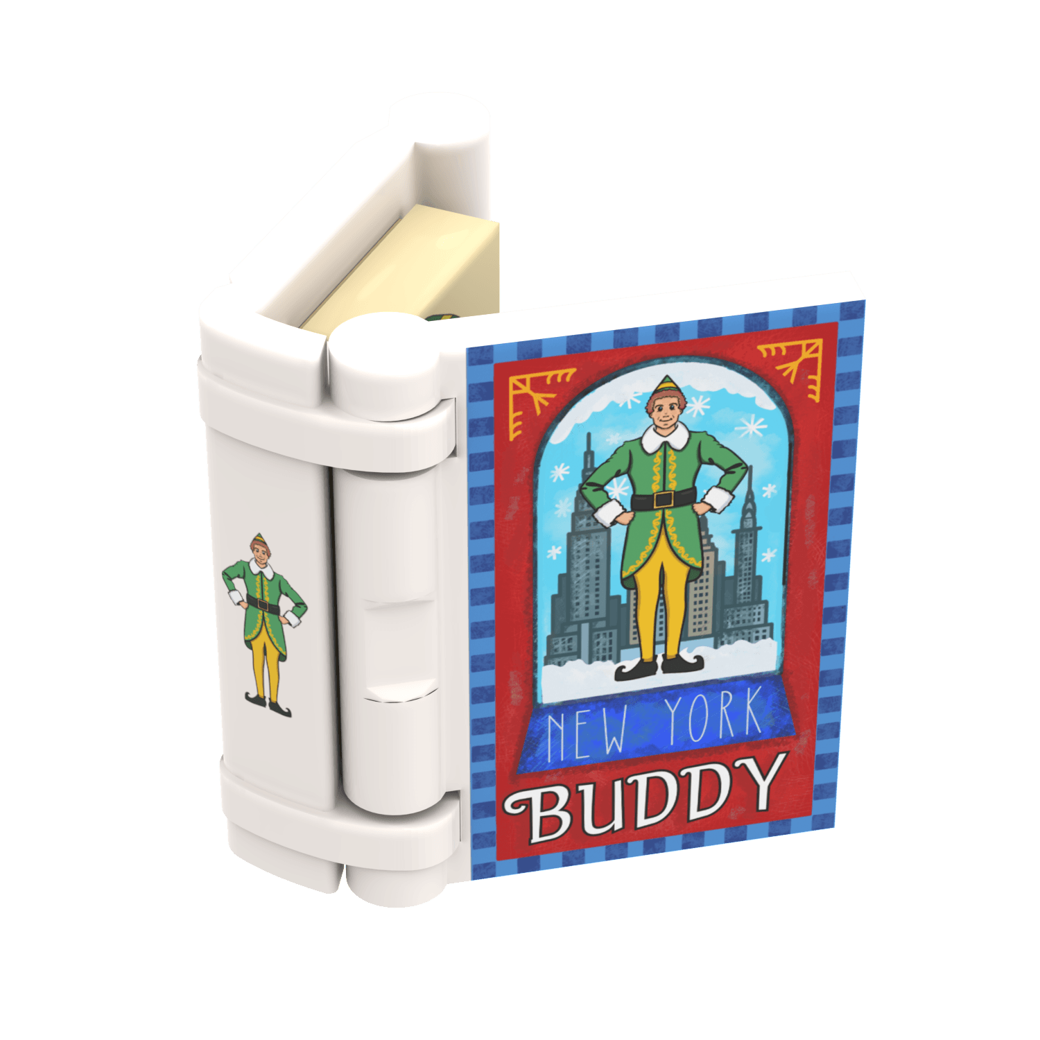 Open custom printed LEGO book with a green elf costume with 'New York Buddy' text on a white background.
