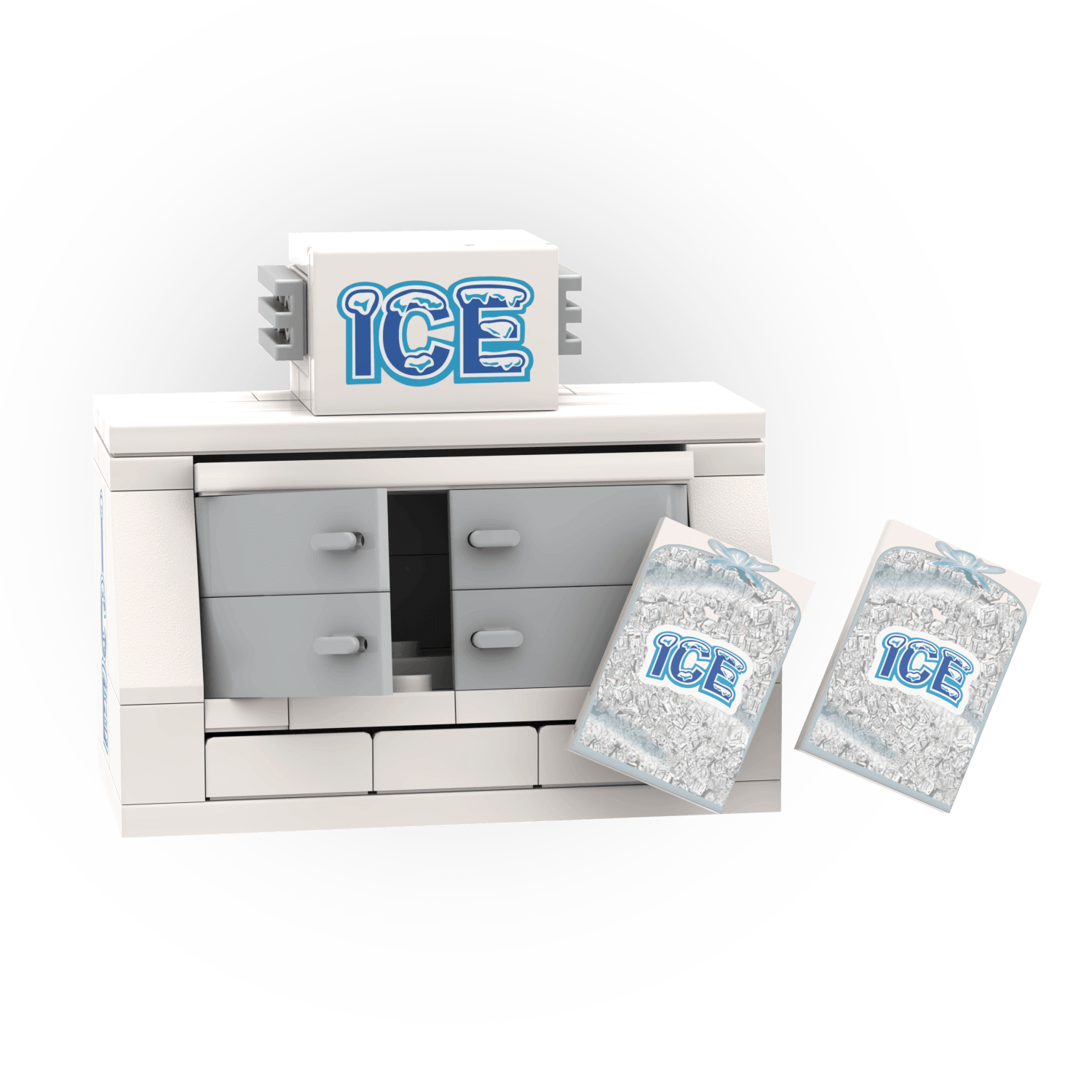 lego ice machine with drawers and ice cube blocks on a white background