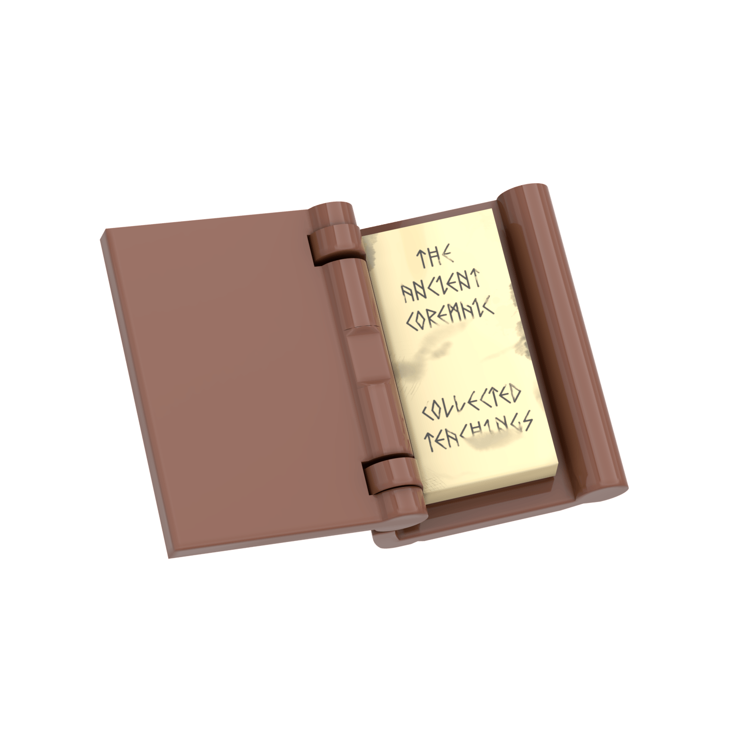 Open view with  tan pages in side the custom printed  brown LEGO book titled "the Ancient Coremaic". On a  white background.