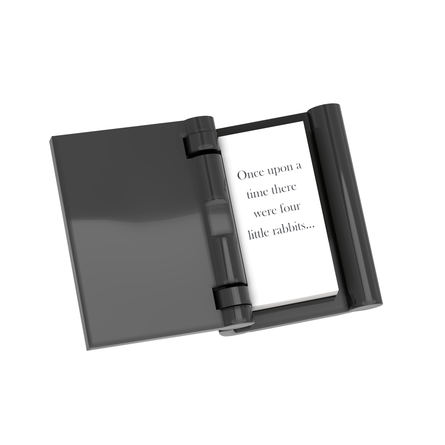 Open book view showing the first white page with black text of "The Tile of Peter Rabbrick" book custom printed on LEGO on a  white background.