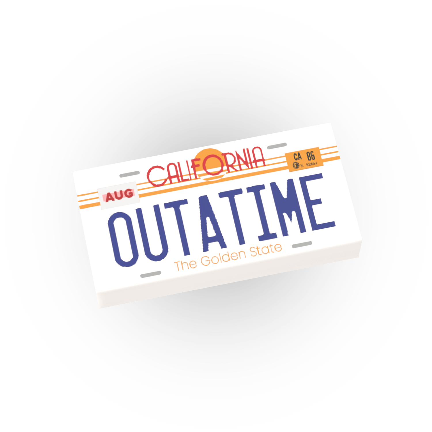 License plate with 'OUTATIME' text on a white background