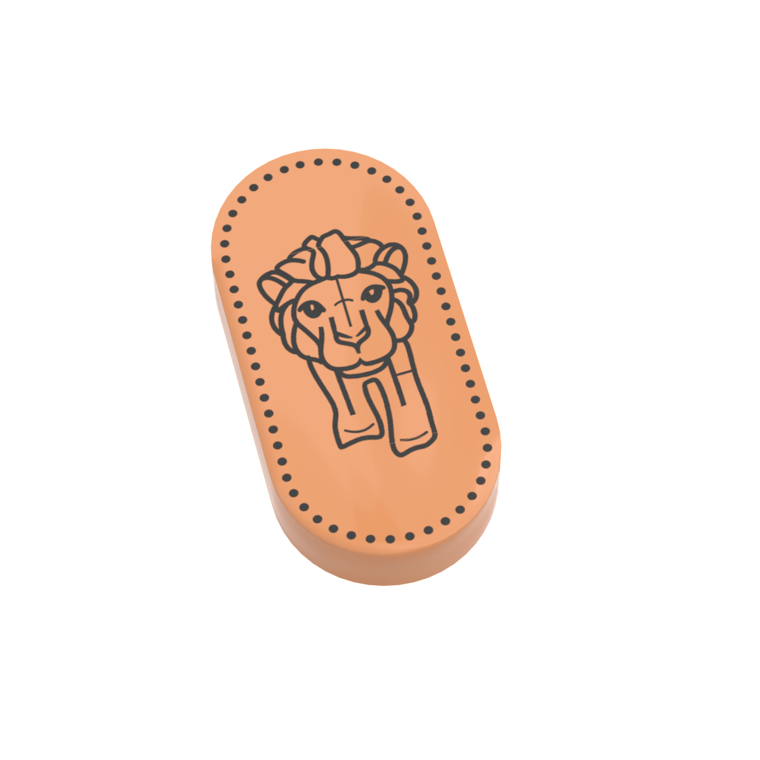 Pressed penny design of a lion custom printed on a LEGO® tile on a white background