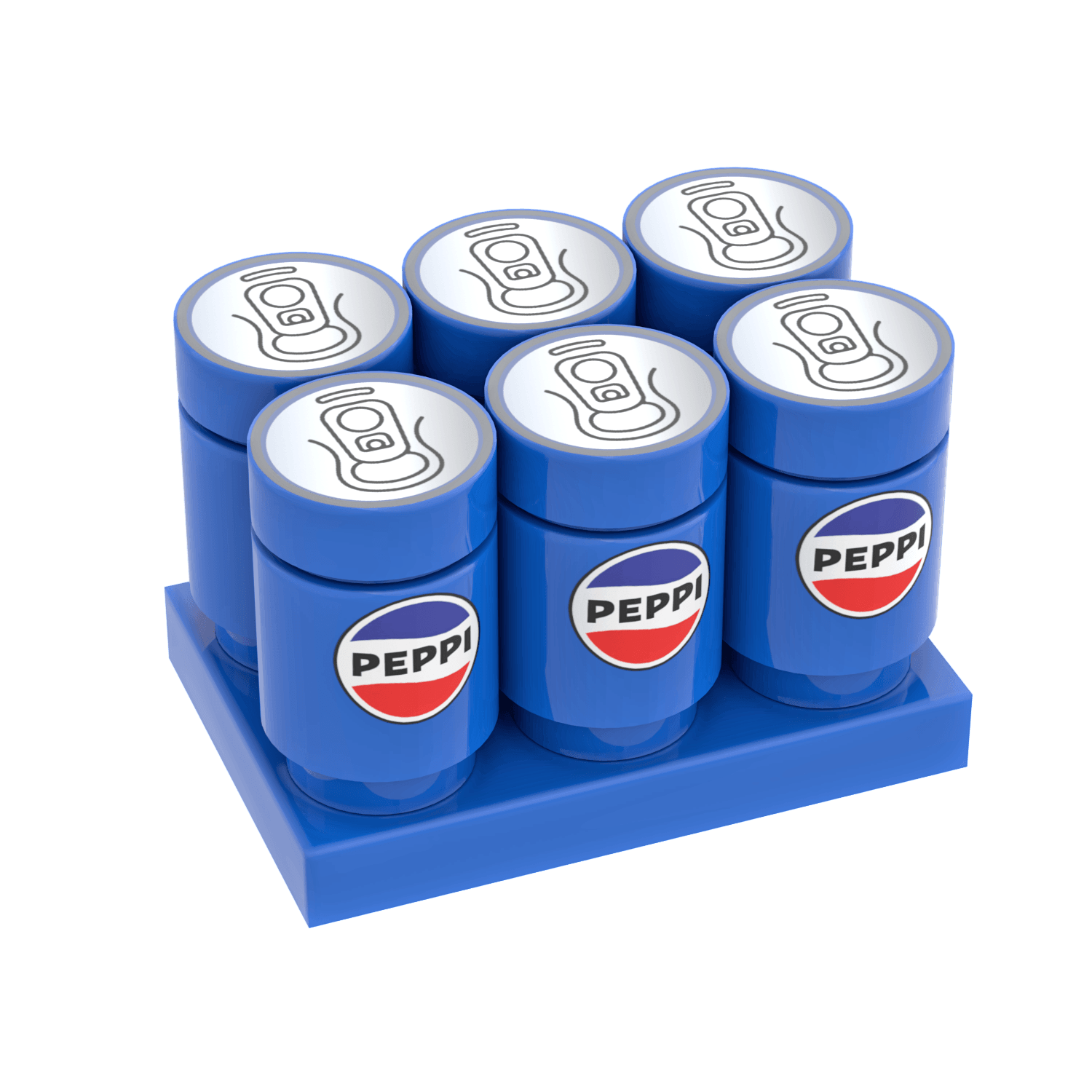 Six Peppi LEGO drink cans on a blue LEGO plate on a white background
