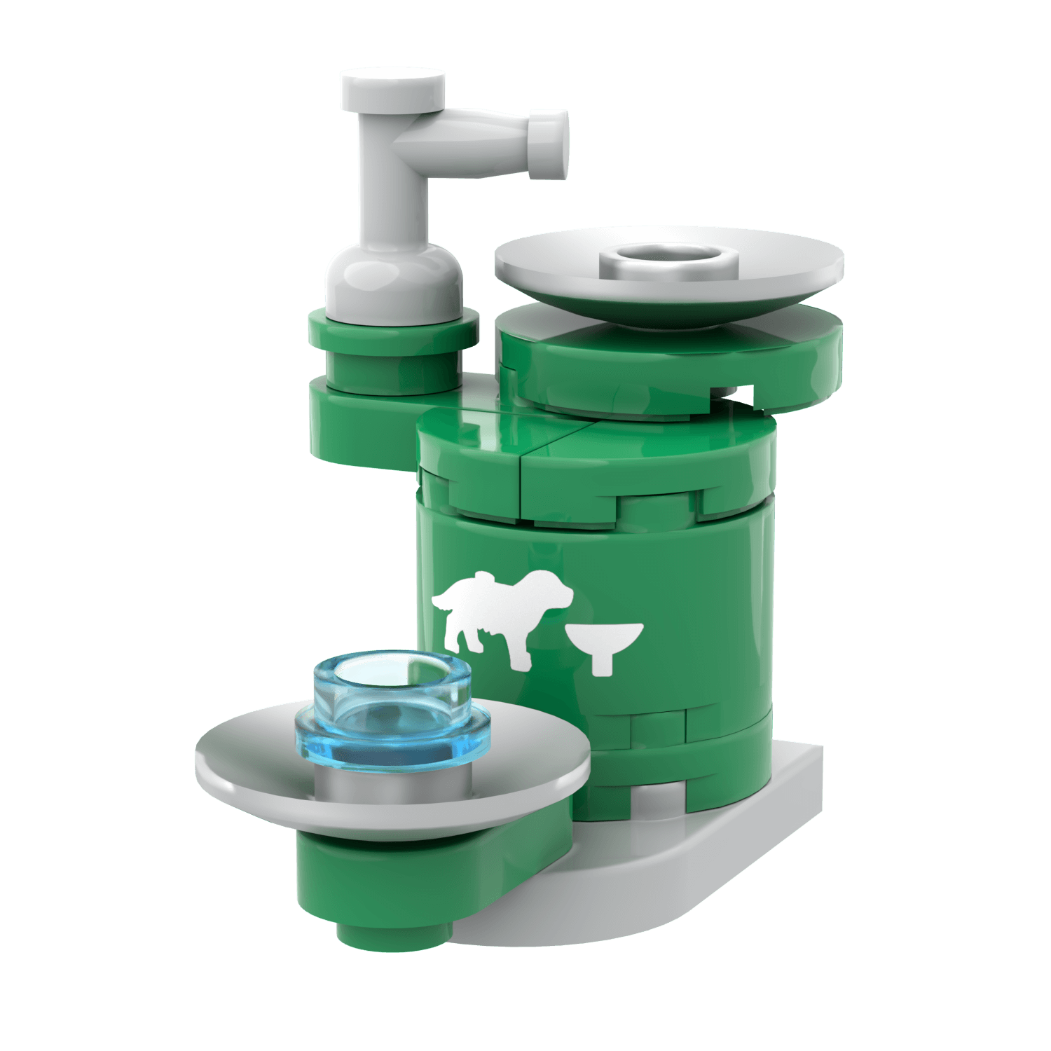 green pet friendly water fountain with water for minifigs  and pets custom lego on a white background