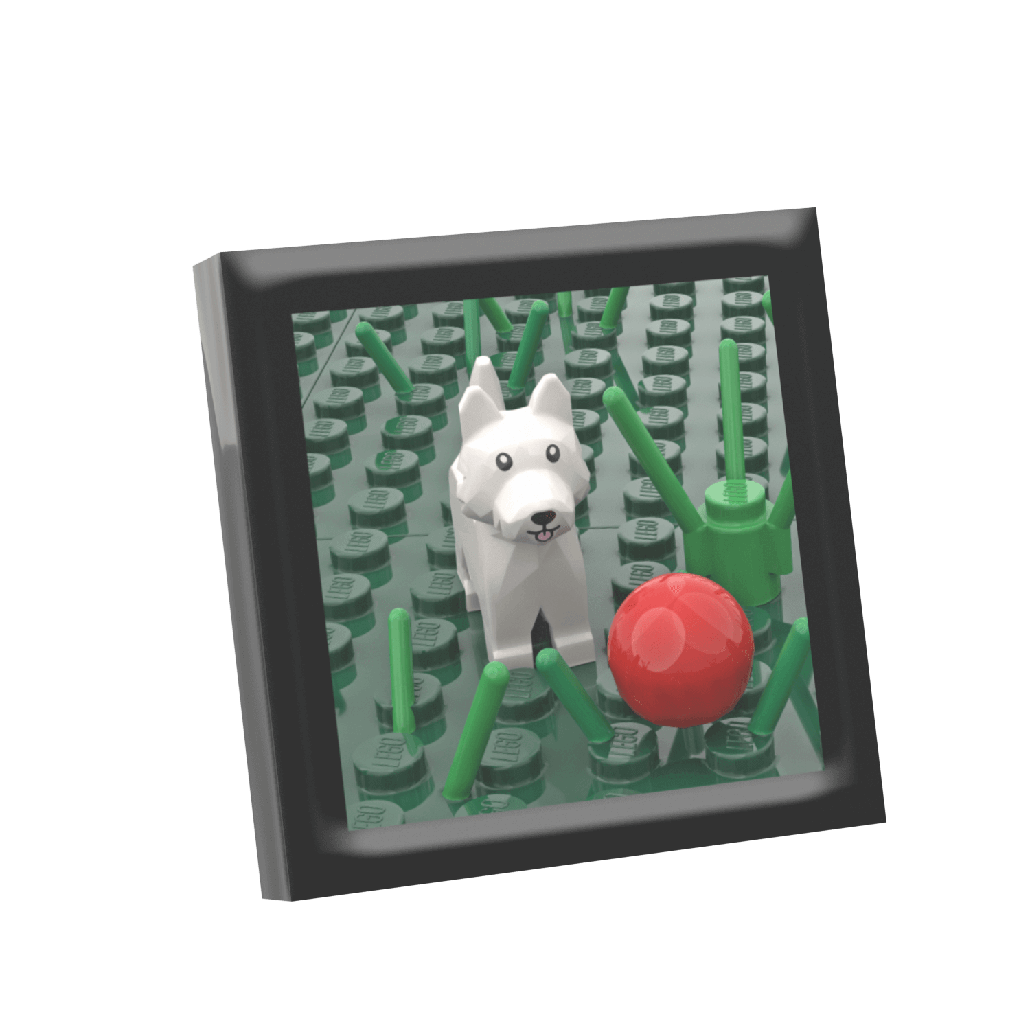 A custom printed framed picture featuring a white dog figure with green accessories built using LEGO parts.