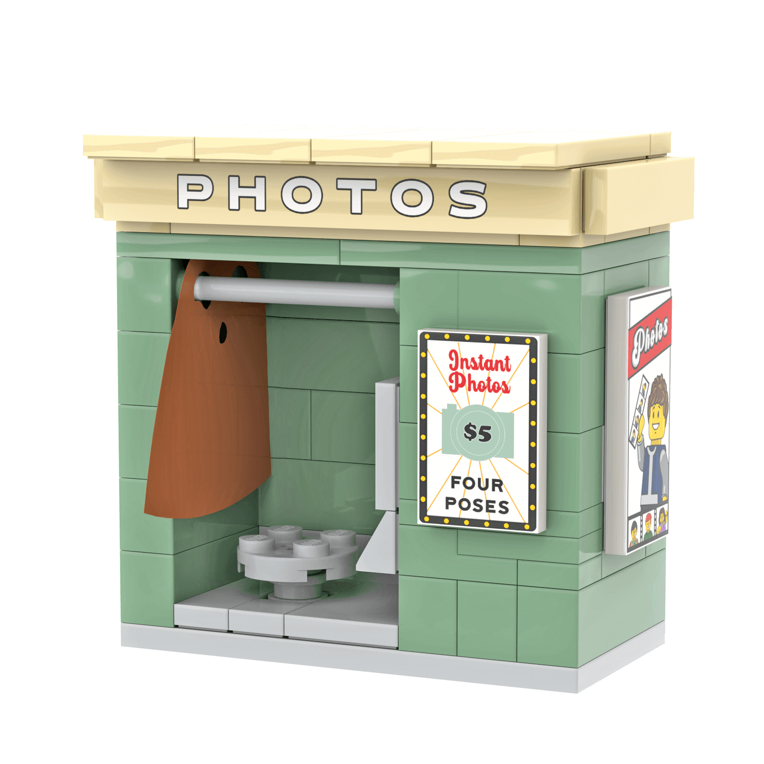 LEGO photo booth set with green walls, beige roof, and brown curtain.