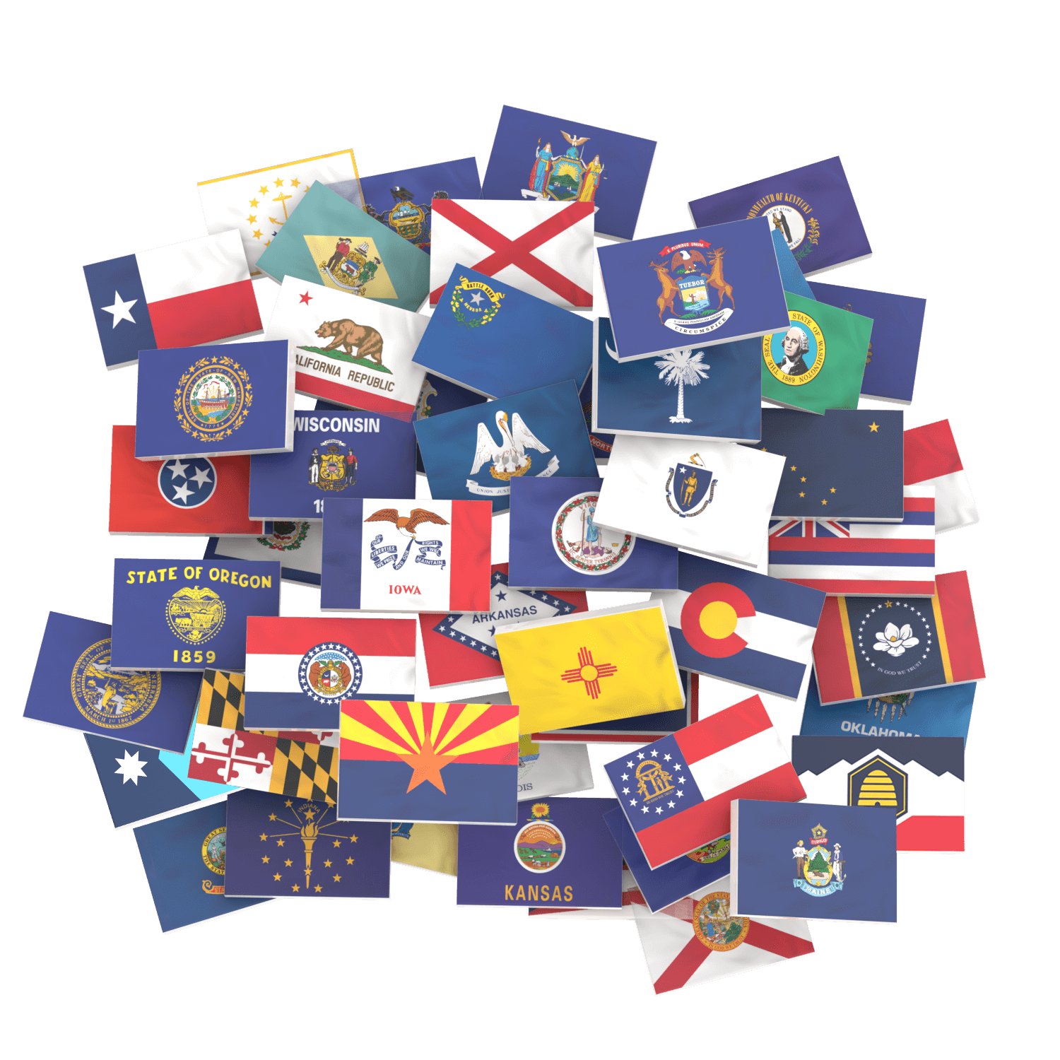 A pile of 50 white LEGO tiles with each of the 50 USA state flags printed on them in a pile of tiles, on a white background.