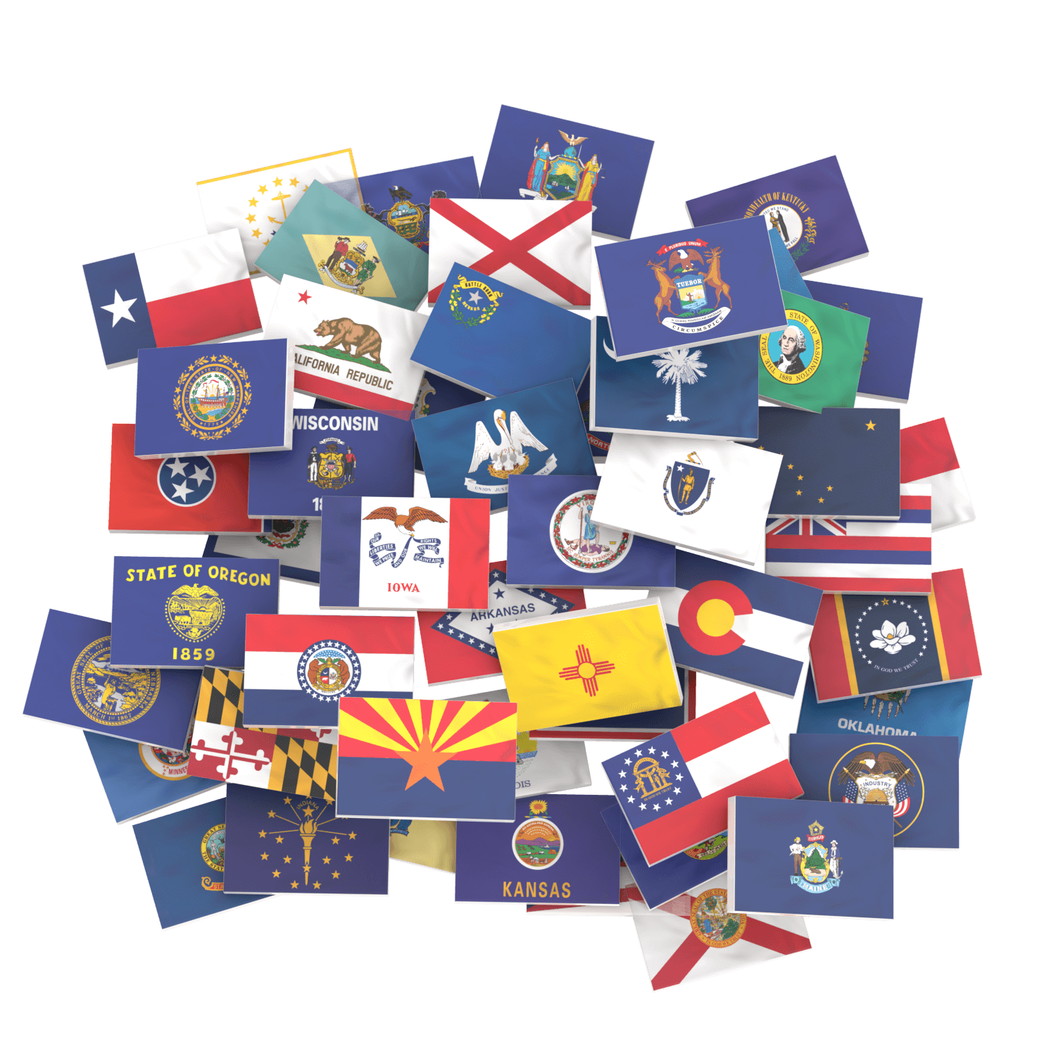 Collection of all 50 state flags in a pile on a black background