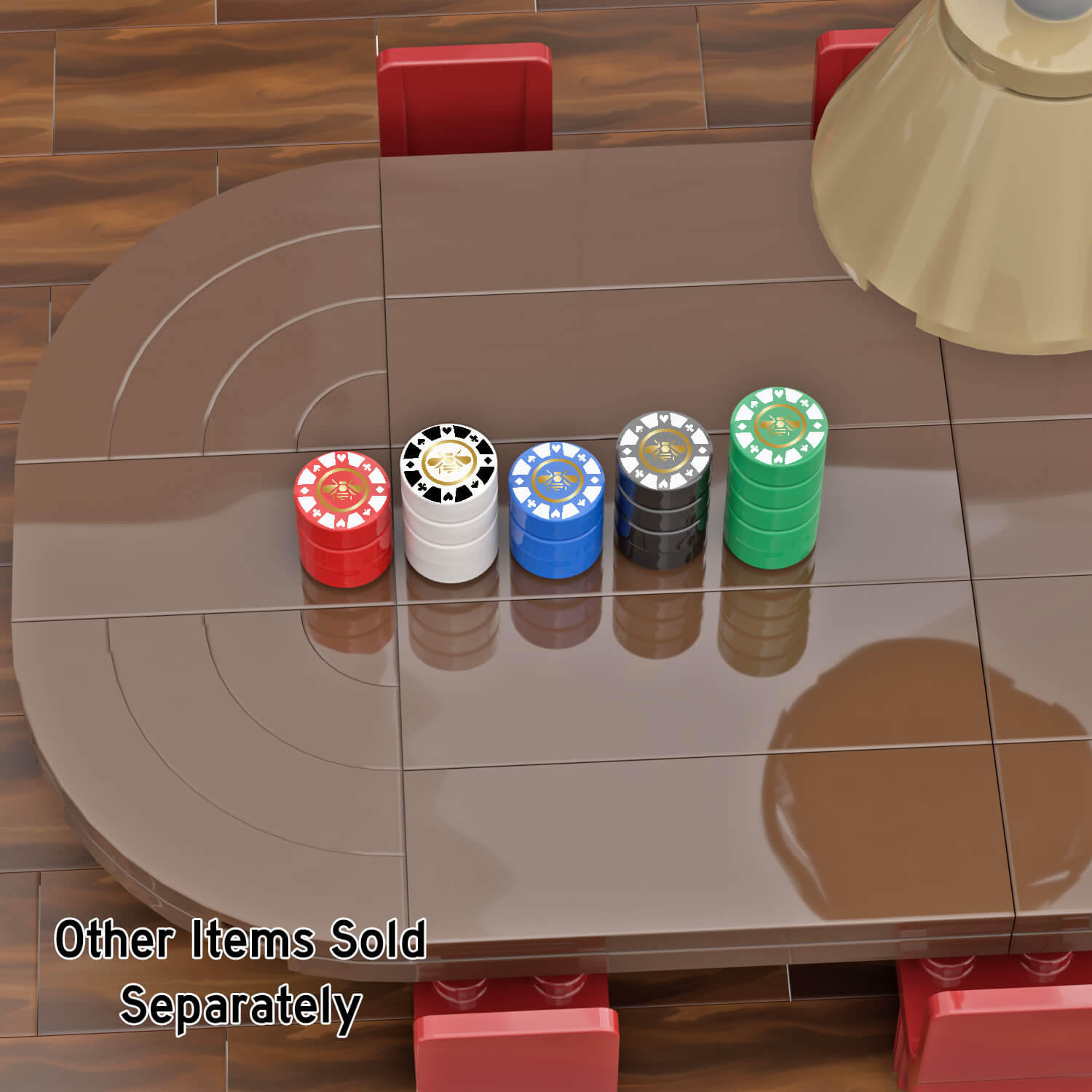 5 different color stacks of LEGO tiles to look like poker chips sitting on a table ready for a poker game