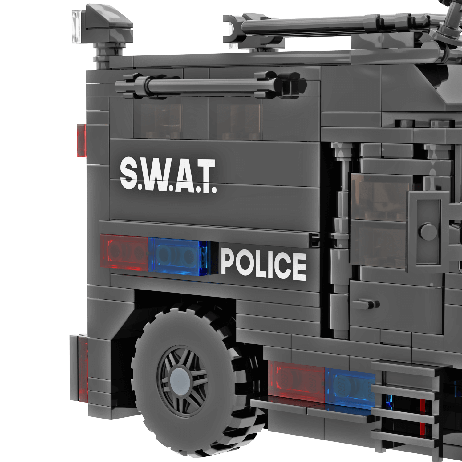 S.W.A.T. police vehicle model made of interlocking LEGO bricks on a white background