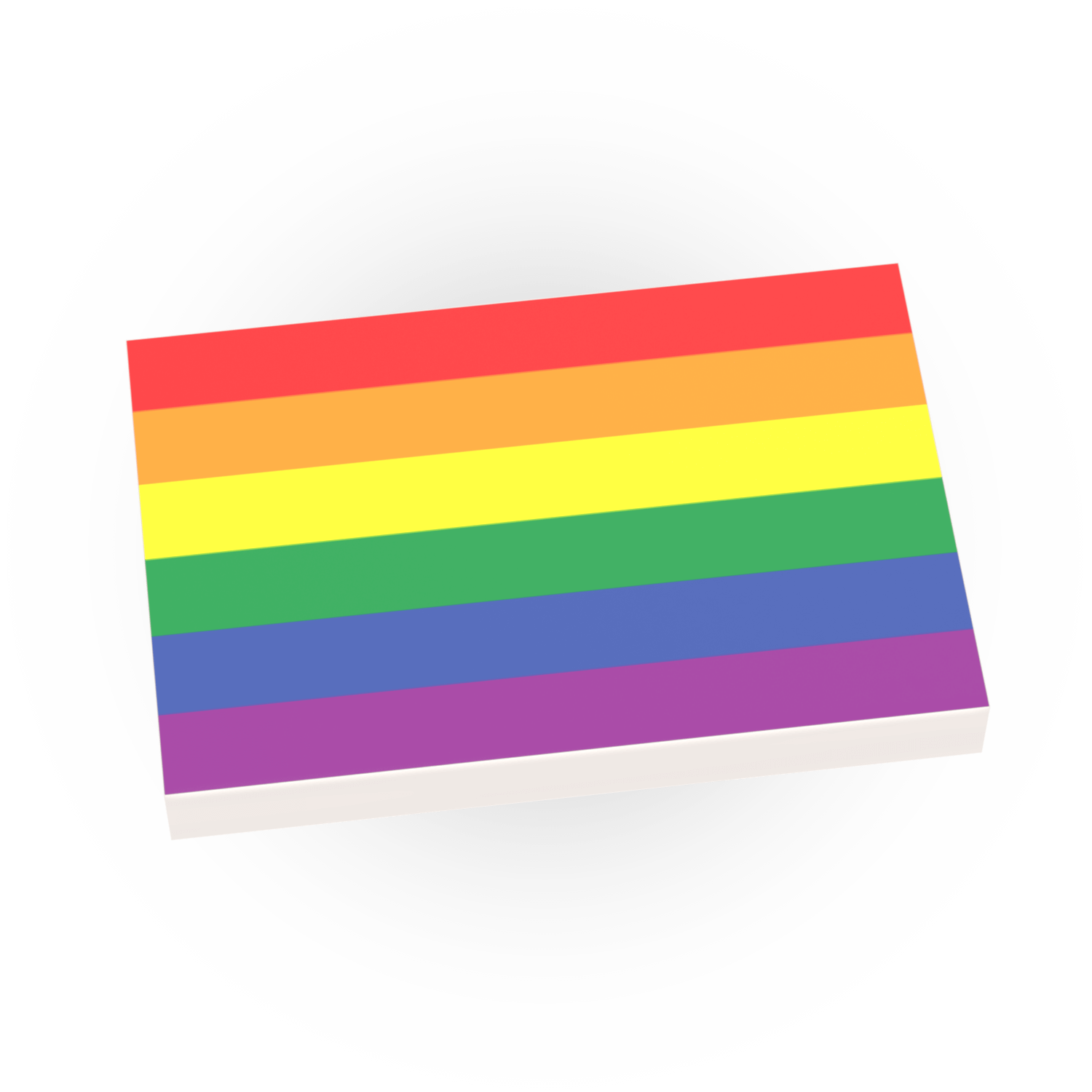A custom printed Lego 2x3 white tile with a colorful pride flag design.
