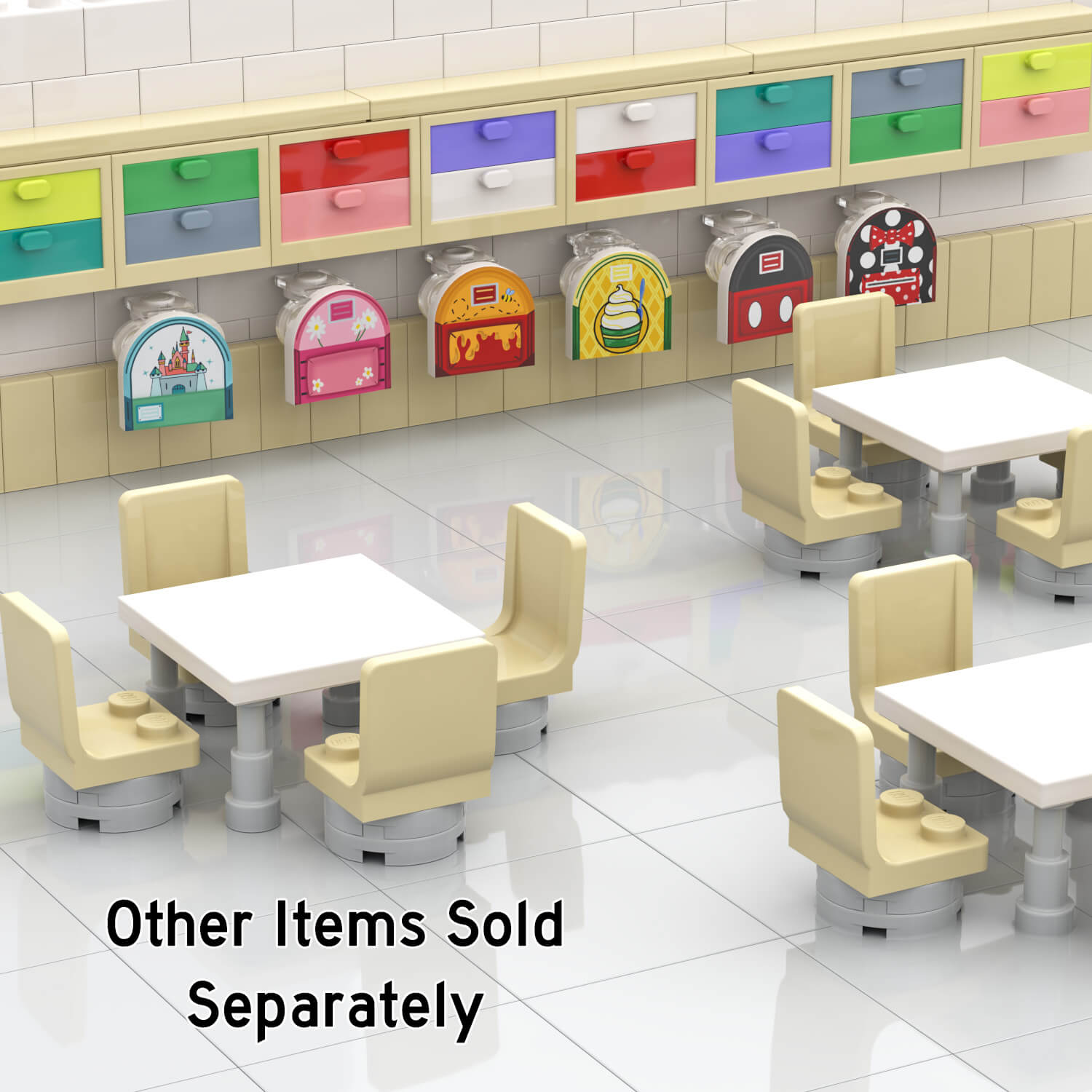 6 lego minifigure backpacks hanging on a wall with multi colors cupboards above with tables and chairs int eh foreground, set like a classroom setting.