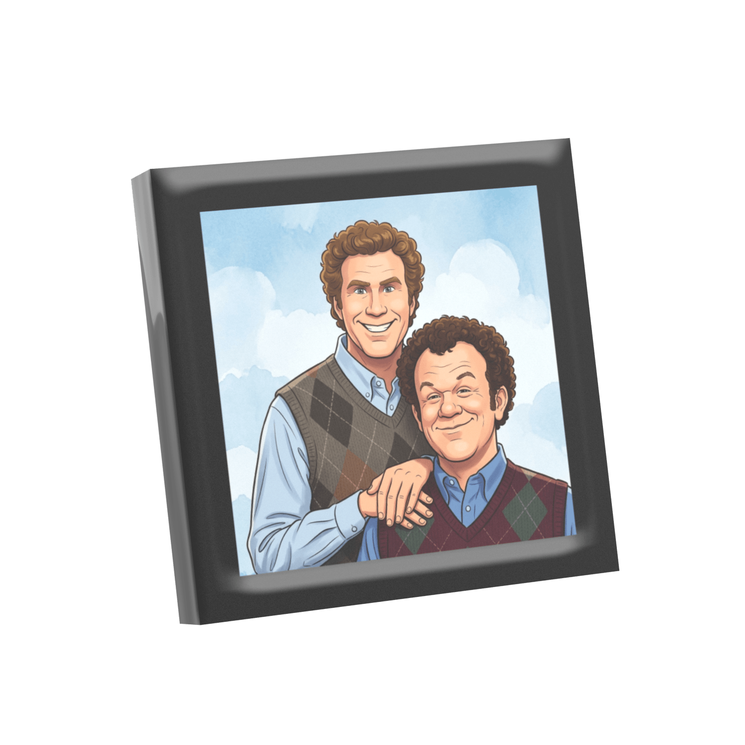 Printed LEGO photo frame of 2 brothers with a light blue photo background with a black border on a white background.