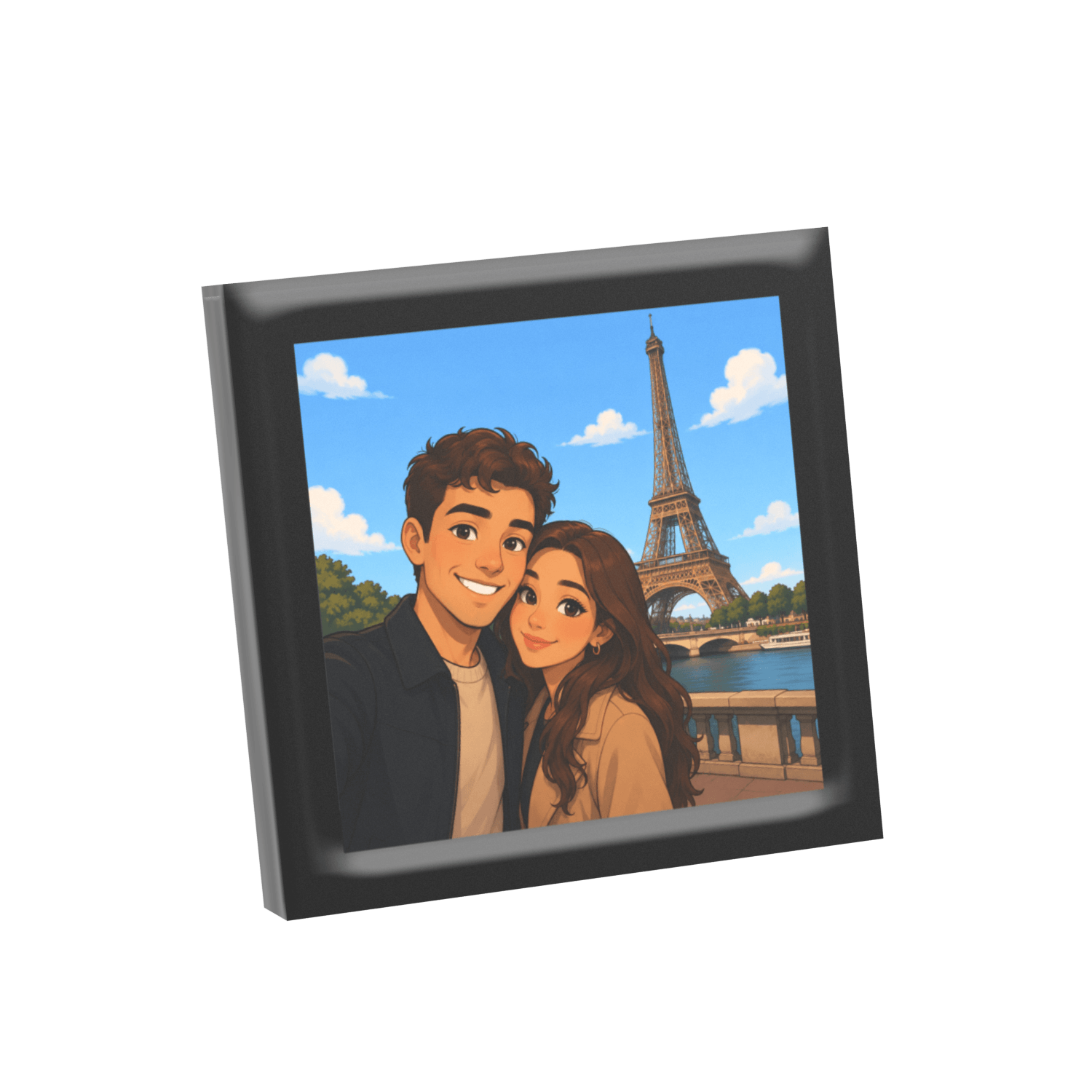 Printed LEGO Photo Frame o f a couple on vacation in Paris with a black border on a white background.